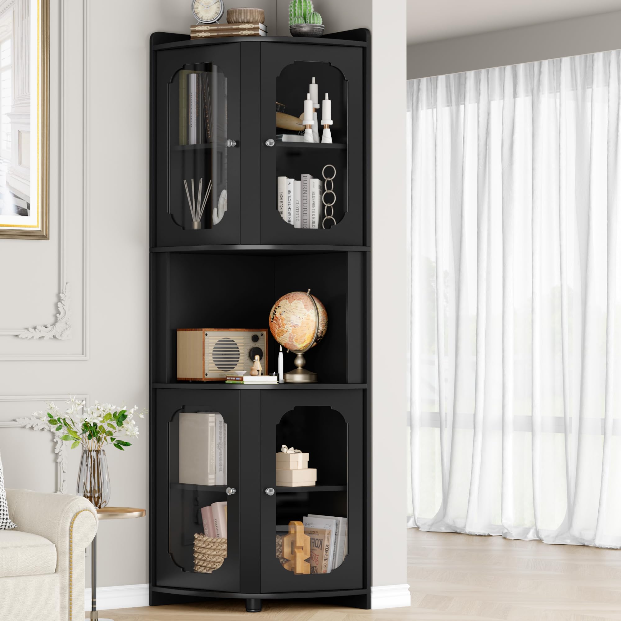 Corner Storage Cabinet 69" Tall | 5-Tier Shelves & Glass Doors