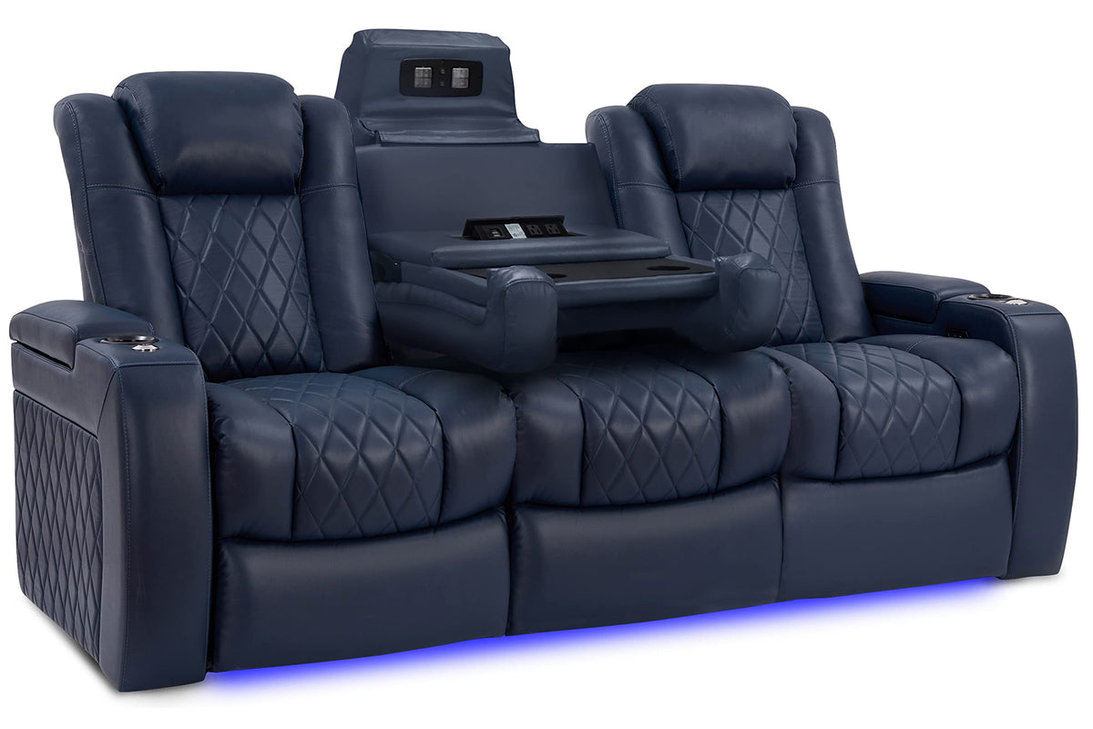Valencia Tuscany Home Theater Seating | Premium Top Grain Italian Nappa 11000 Leather, Power Headrest, Power Lumbar Support, with Center Drop Down Console (Row of 3, Navy Blue)