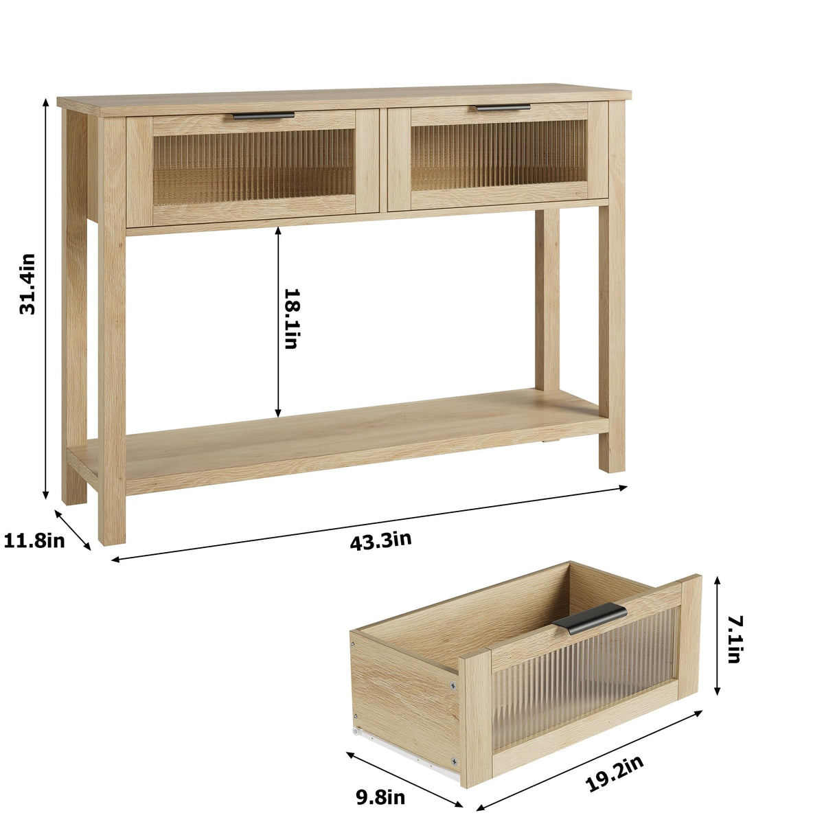 GAOMON Entryway Table, Wood Console Table with 2 Glass Drawers, 2 Tier Sofa Table with Storage for Living Room, Foyer Tables for Entryway-Burlywood