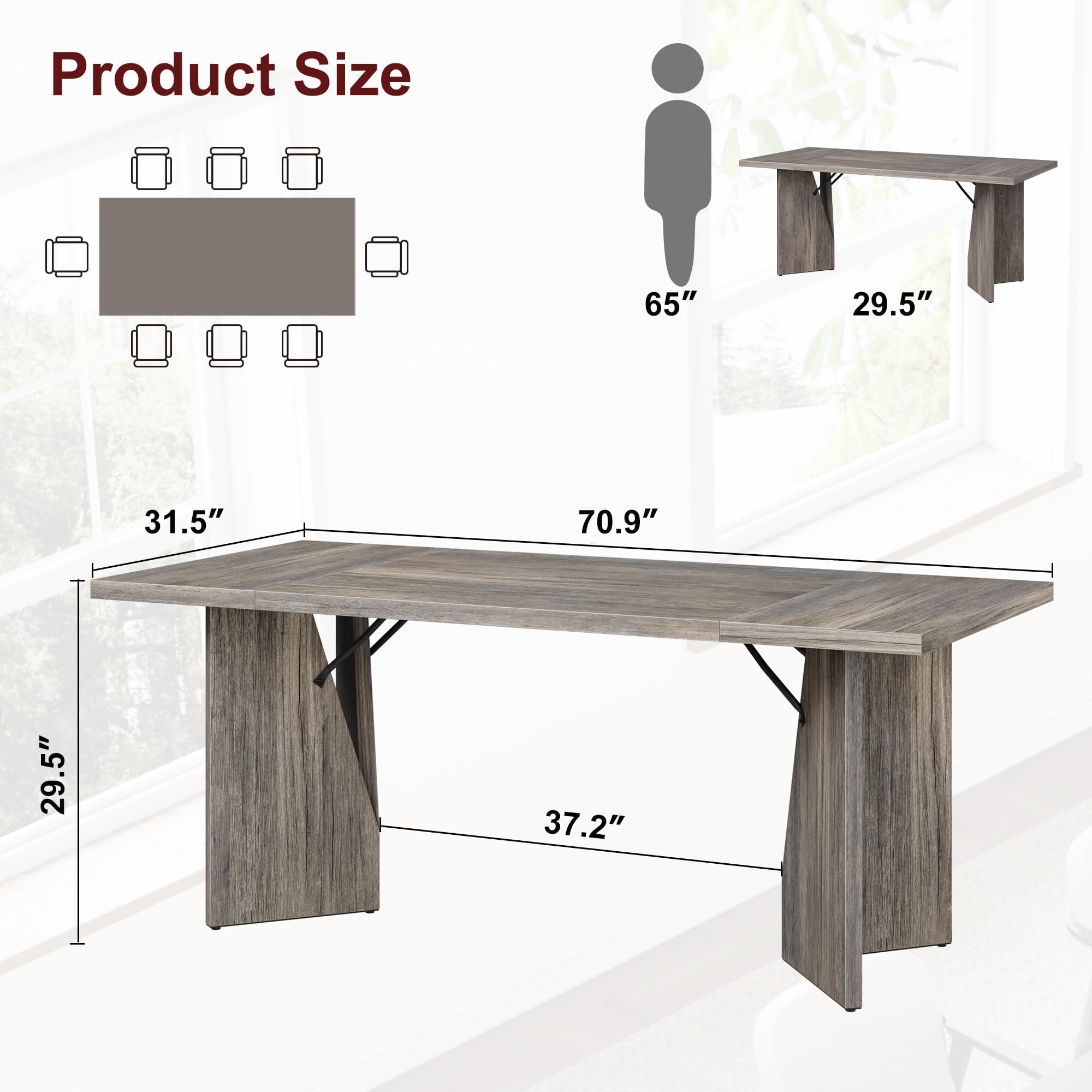 GarveeHome 70.9'' Rectangular Dining Table for 6-8, Wooden Thickened Long Desk, Farmhouse Kichen Table with Sturdy Frame and M-Shaped Legs, for Dining Room, Kitchen, Living Room, Office, Retro Brown