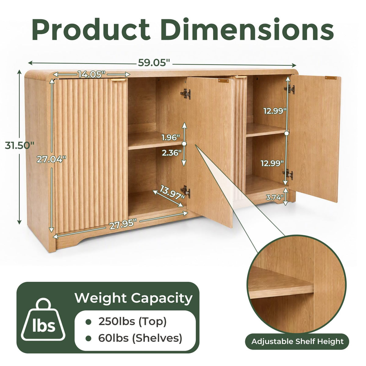 59" Fluted Sideboard Buffet Cabinet with Storage