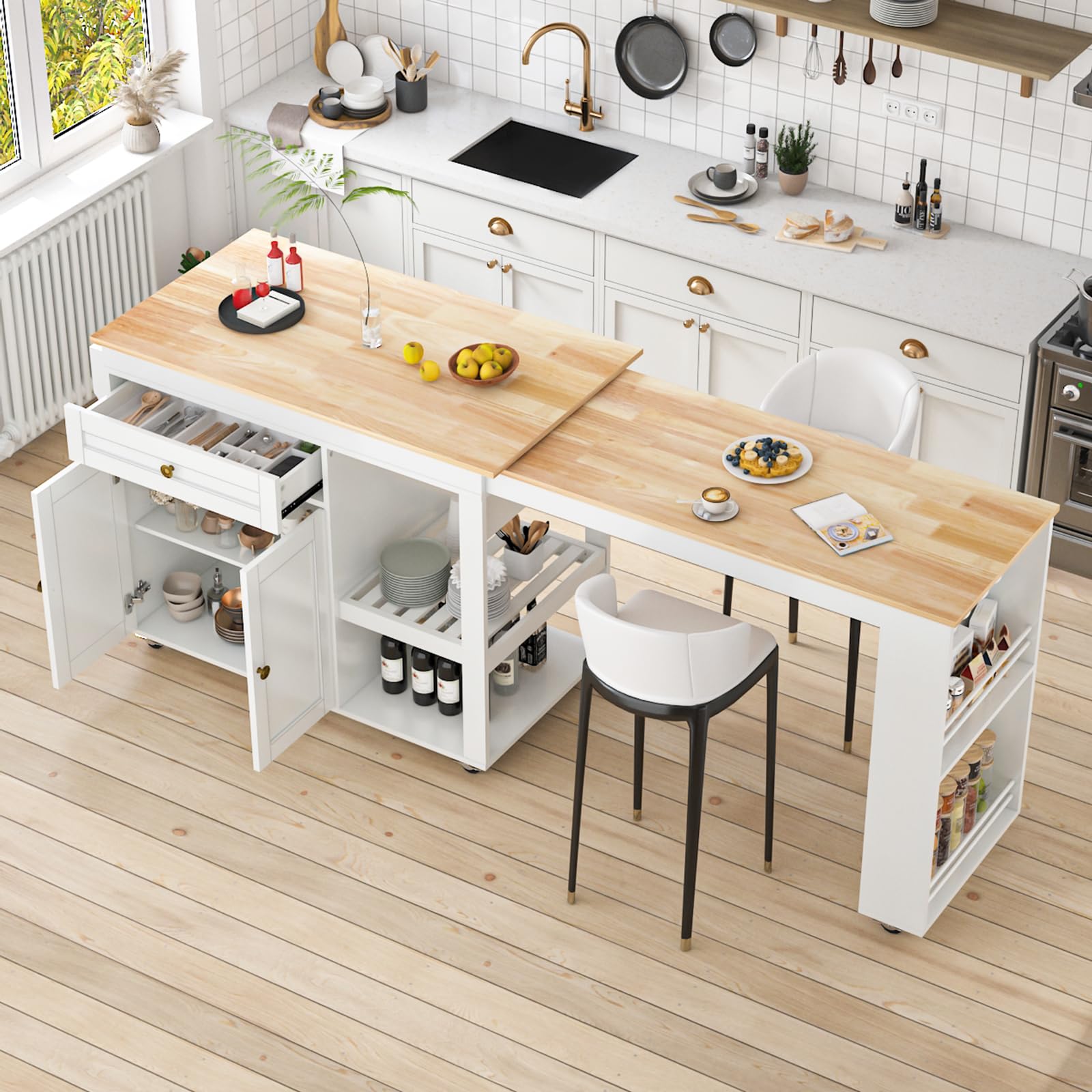 CayugaCrekrd 81.5" Kitchen Island with Extendable Dining Table, Rolling Kitchen Cart on Wheels with Spice Rack, Drawer and Door Cabinet for Dining Room, White