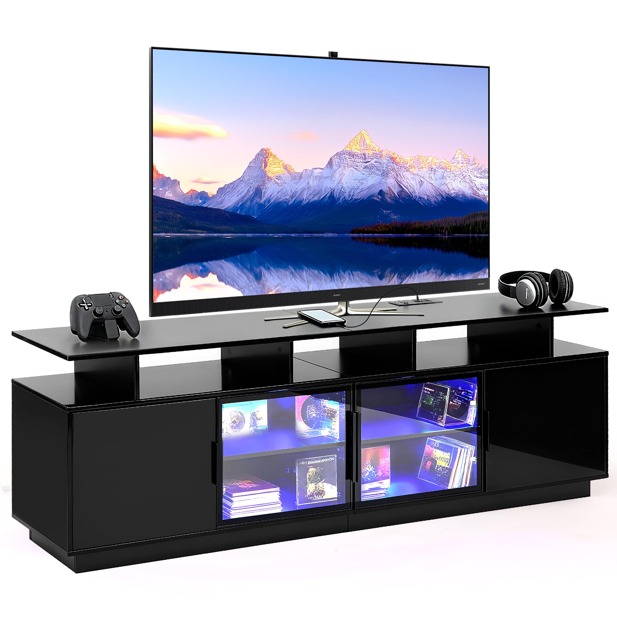 70" LED TV Stand with Glass Doors & Charging Station