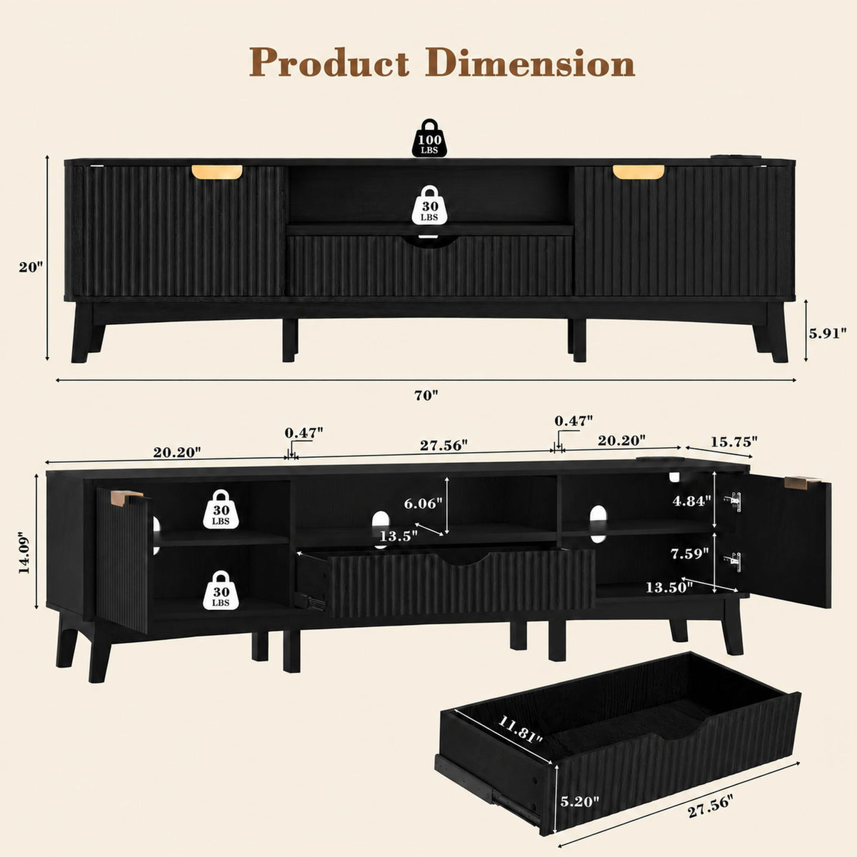 Ball & Cast 70" Black TV Stand for Bedroom W/ Power Outlet,for 80" TV