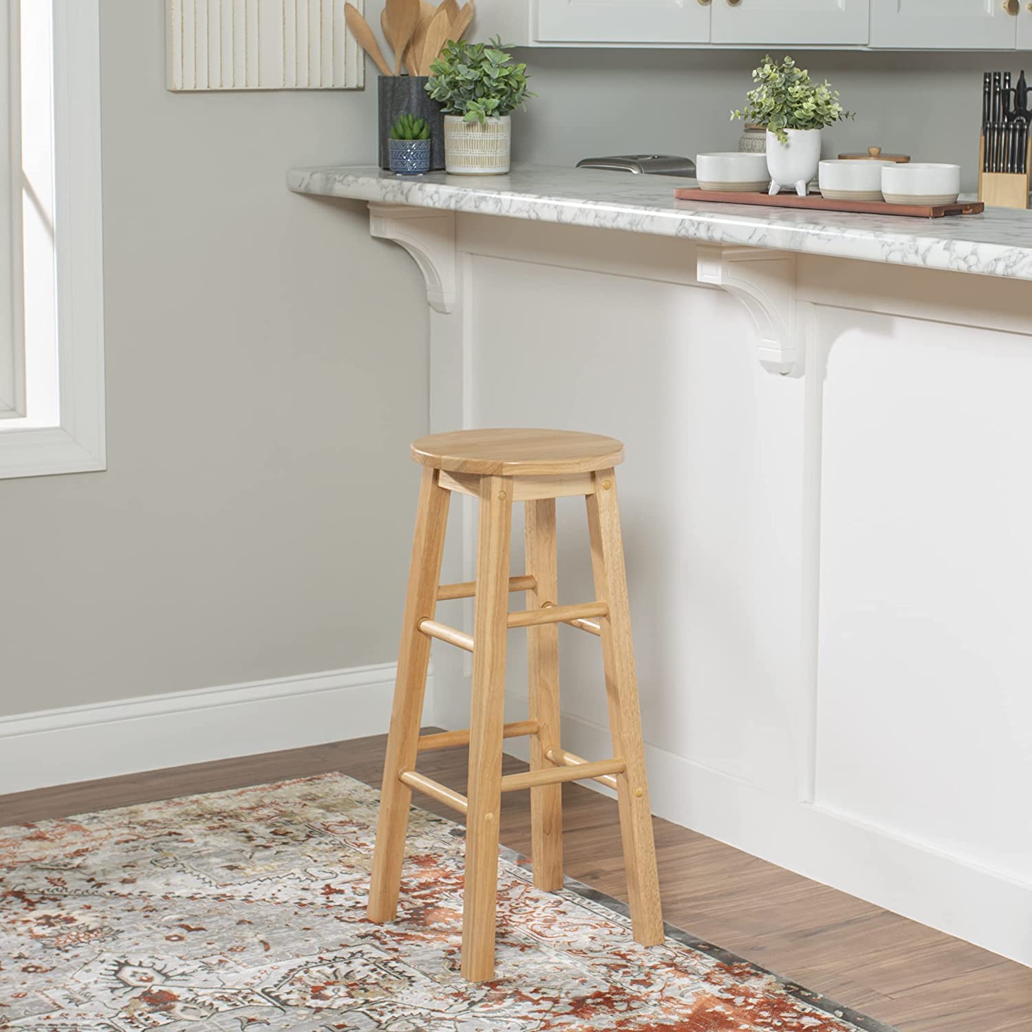 PJ Wood 29 Inch Tall Classic Round Seat Kitchen Counter Bar Stools 2 Pack with 4 Square Legs for Homes, Dining Spaces, and Bars, Natural