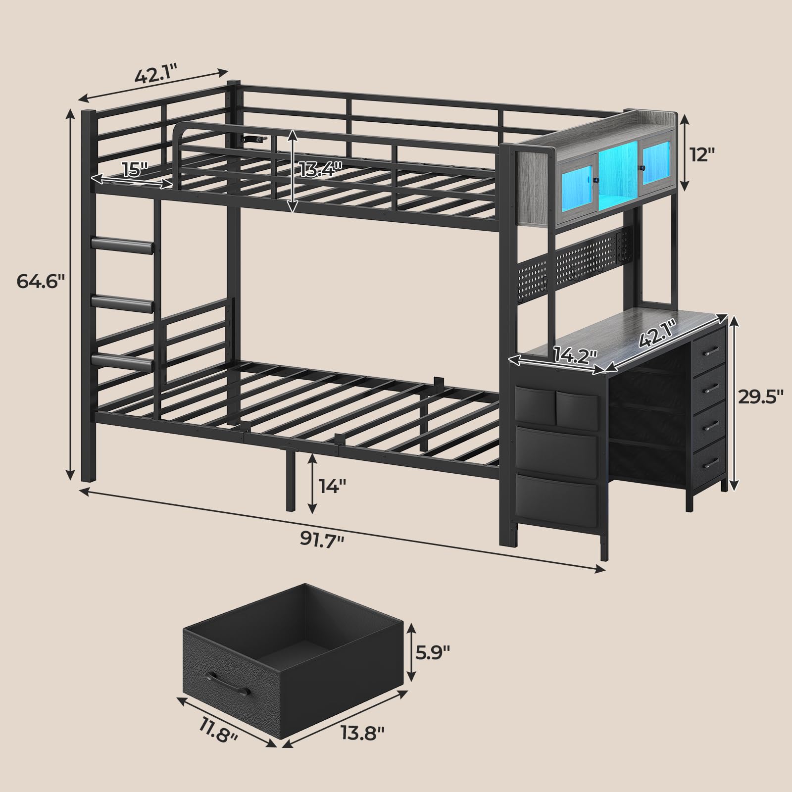 Twin Over Twin Bunk Bed with Desk & LED Light