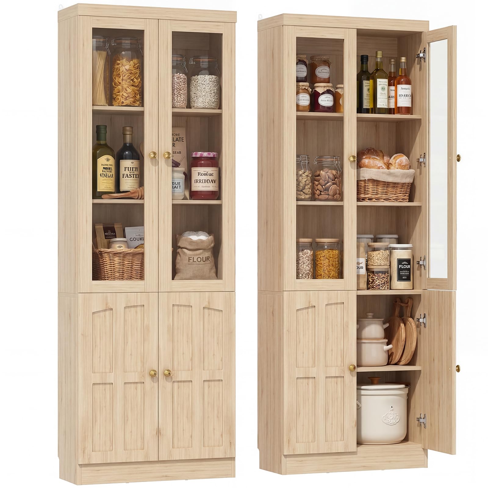 Cyclysio Kitchen Pantry Cabinet, 80" Wood Pantry Storage Cabinet with Doors and Adjustable Shelves, Kitchen Cabinet with Thickened Top Panel, Tall Cabinet for Livingroom, Pantry, Bathroom, Natural
