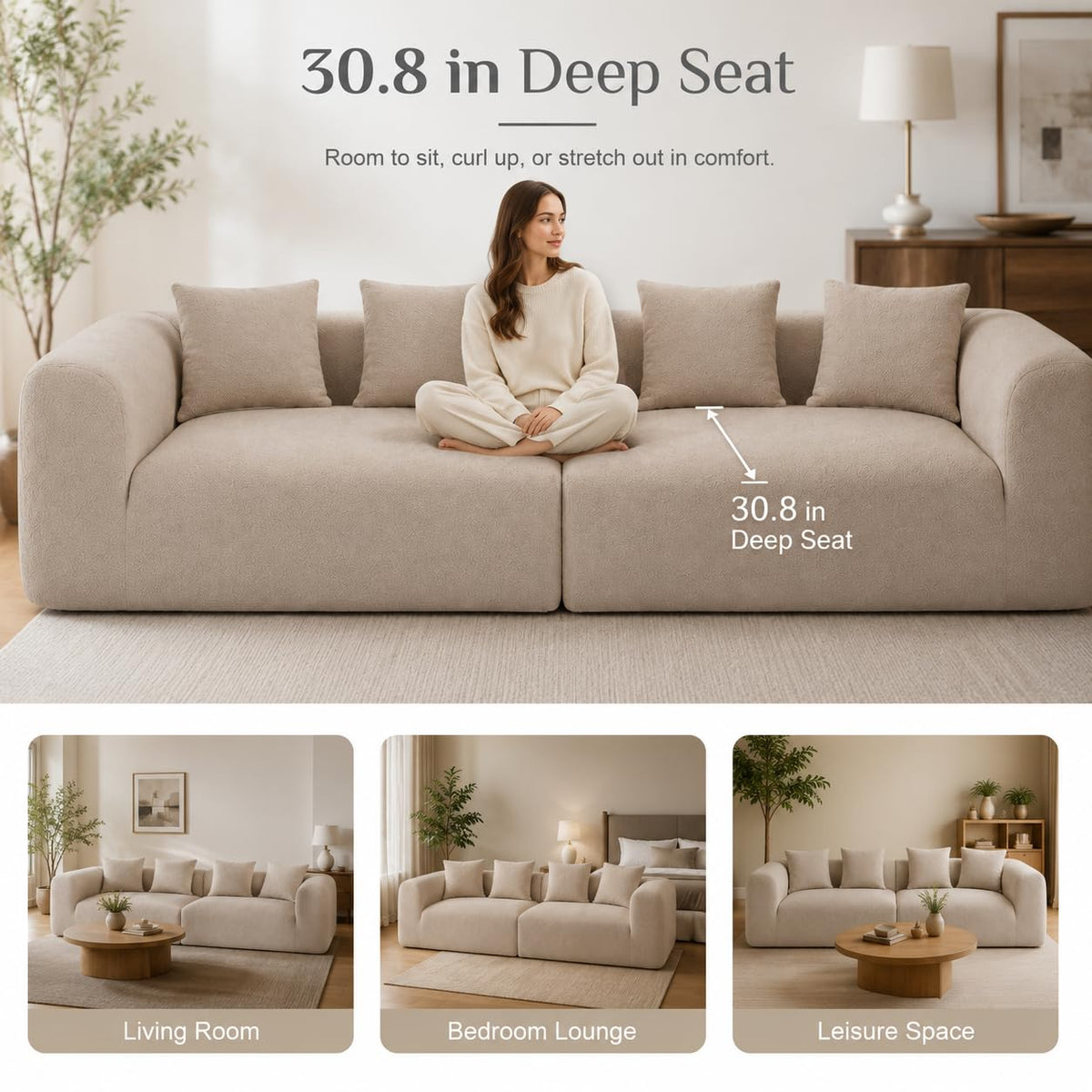 120" Curved Sofa Sectional Modern Boneless Cloud Couch, Light Brown