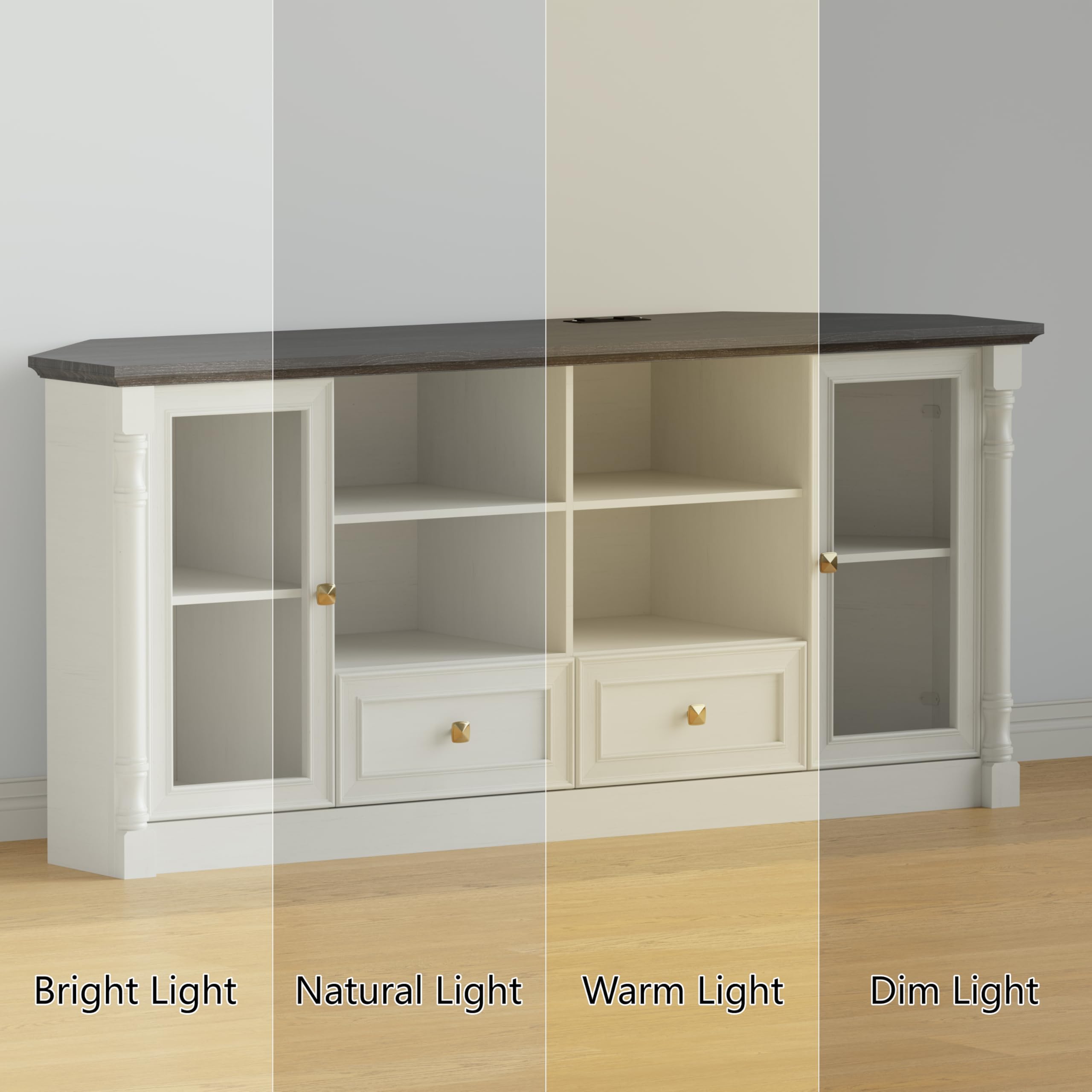 Farmhouse Corner TV Stand for 55 65 Inch TV, Modern Corner Entertainment Center with Power Outlet, Adjustable LED Lights & Glass Doors , Wood Console Cabinet with Storage for Living Room, Bedroom