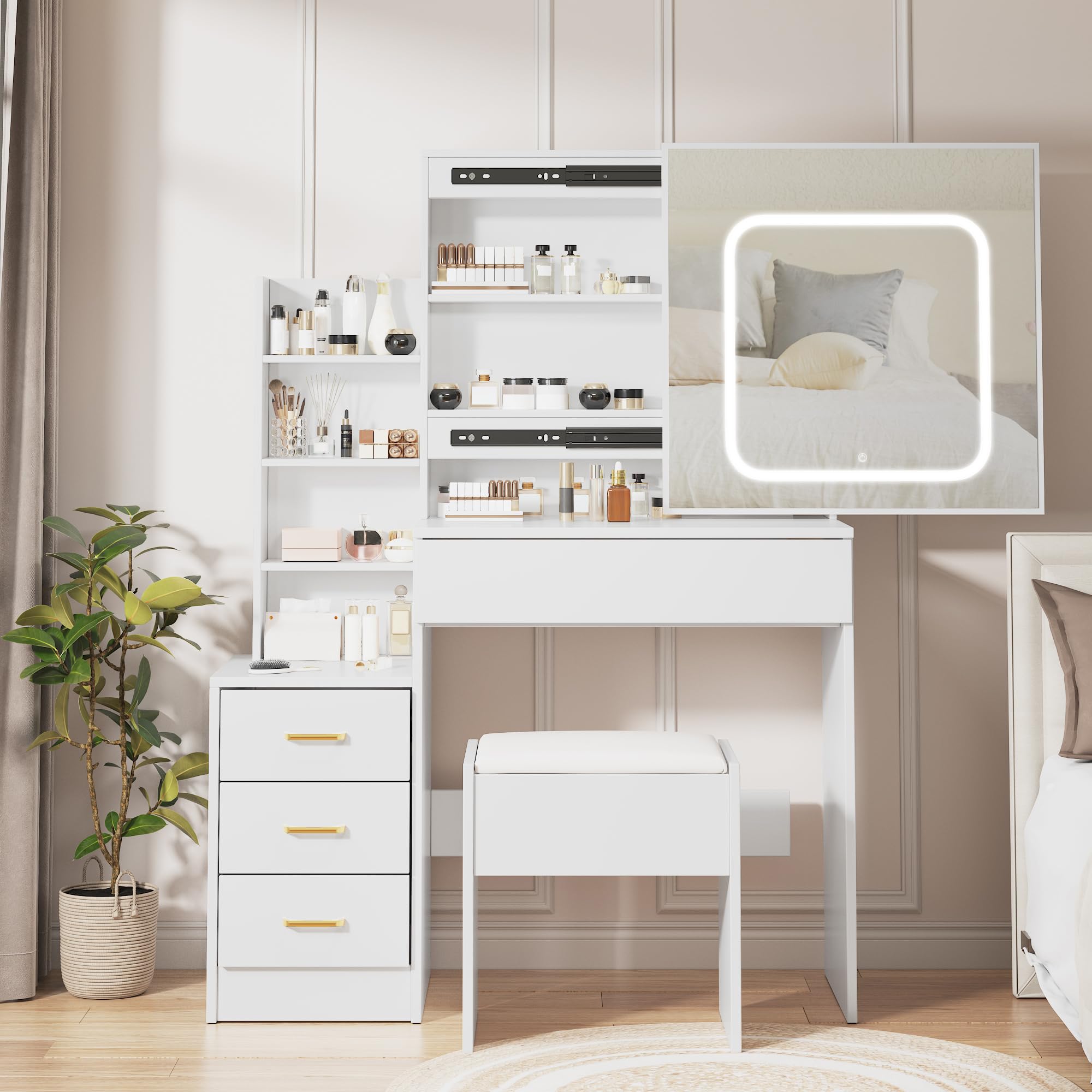 Garvee Vanity Desk with Sliding LED Mirror, Makeup Dressing Table with 4 Drawers, Storage Shelve, Power Outlet & Cushioned Stool, Adjustable 3 Lighting Modes, Modern Vanity Set for Bedroom, White