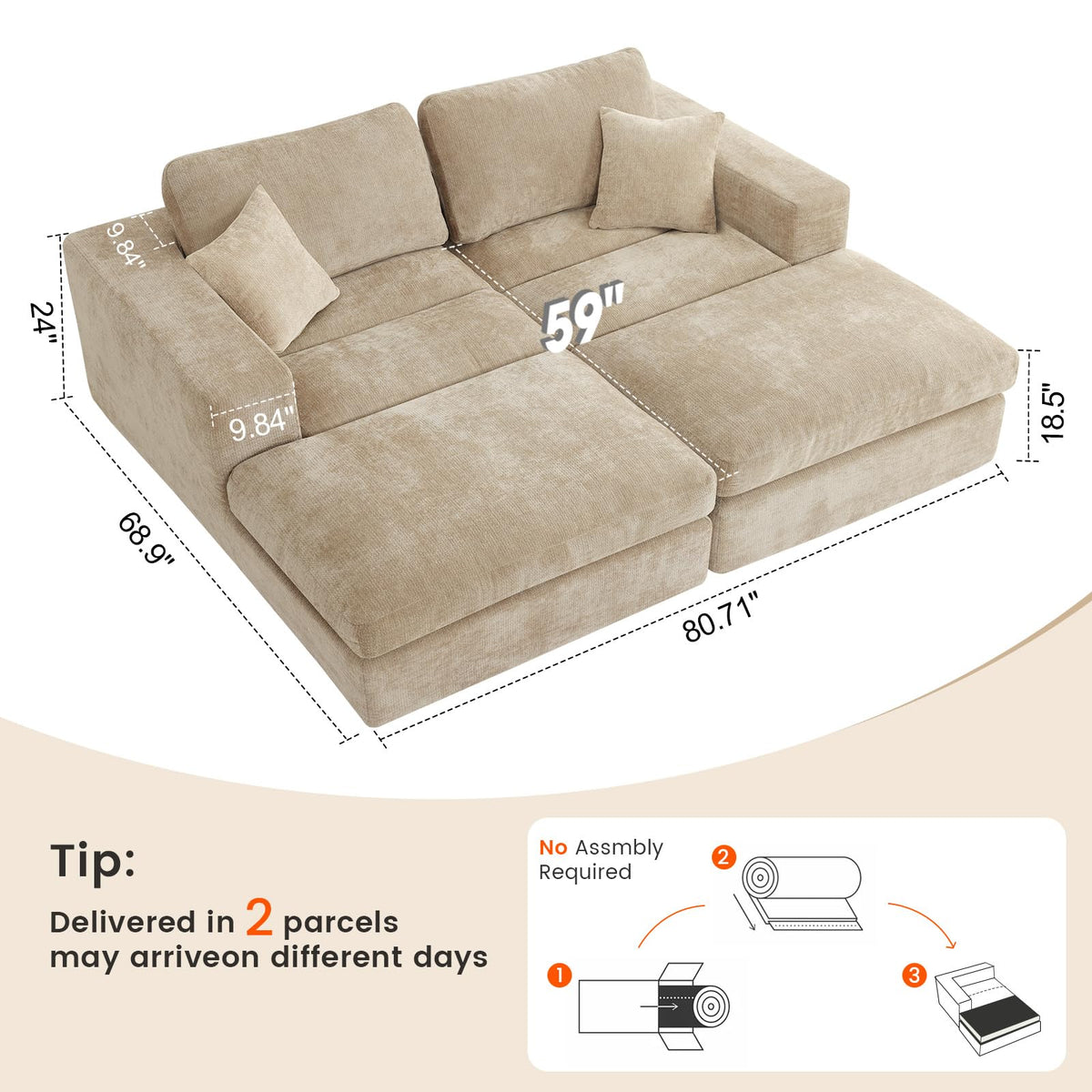 Mifnas 81" Oversized Double Chaise Lounge, Cloud Boneless Sofa Bed, Khaki
