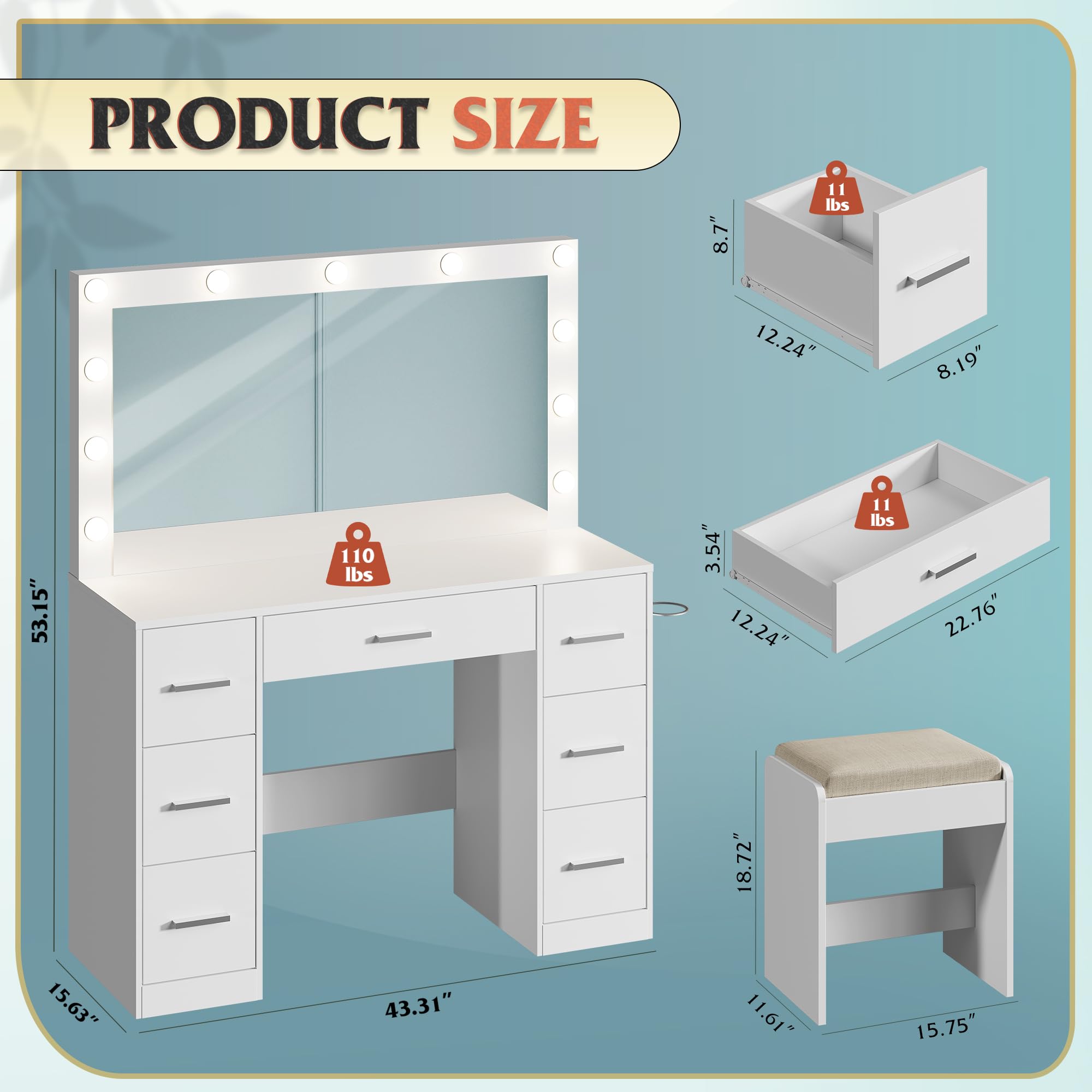 WLIVE White Vanity Desk with Chair, Adjustable Mirror and 3 Color Lights