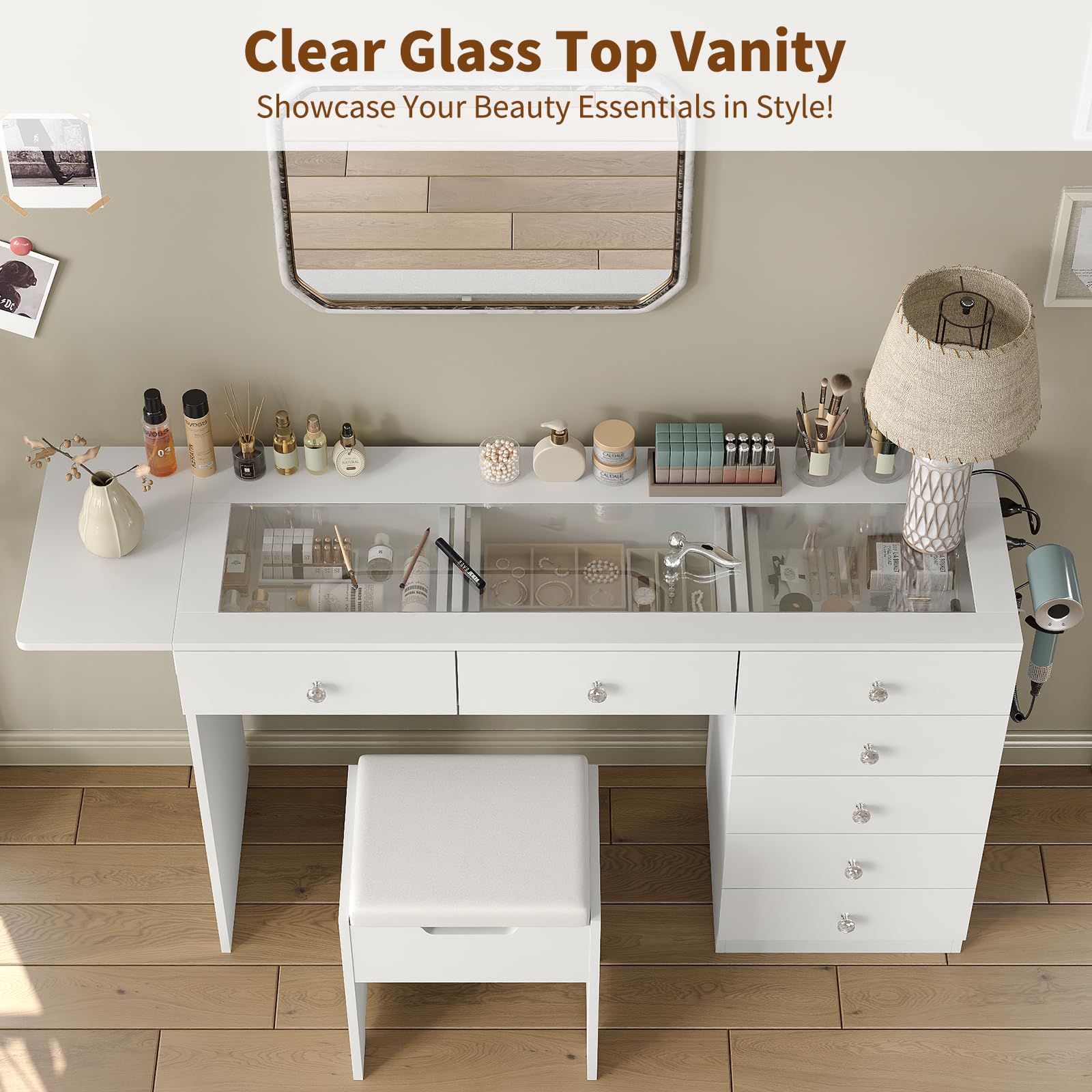 Vanity Desk with 7 Drawers and Charging Station, Glass Top Dressing Table with Foldable Side Shelf and Stool, Modern Makeup Vanity with Storage for Bedroom, White