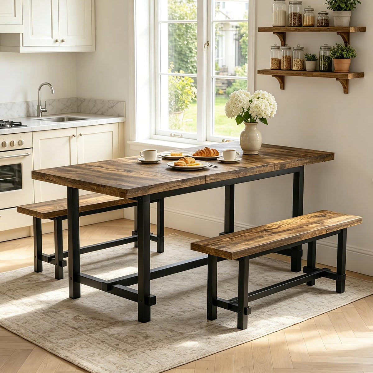 70.8" Dining Table Set with 2 Benches, Farmhouse Kitchen Table Set for 4-6