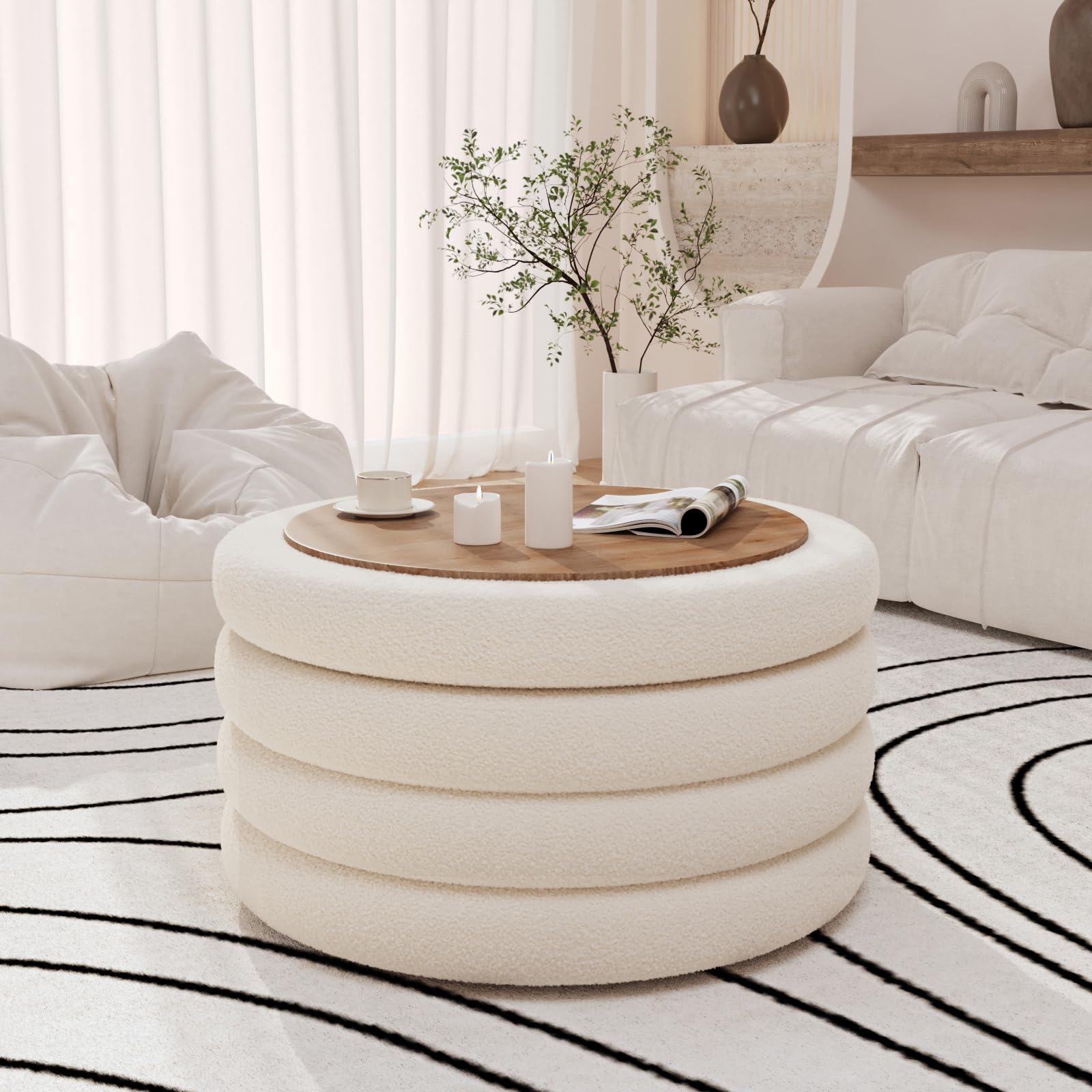 Round Sherpa Storage Ottoman with Tray