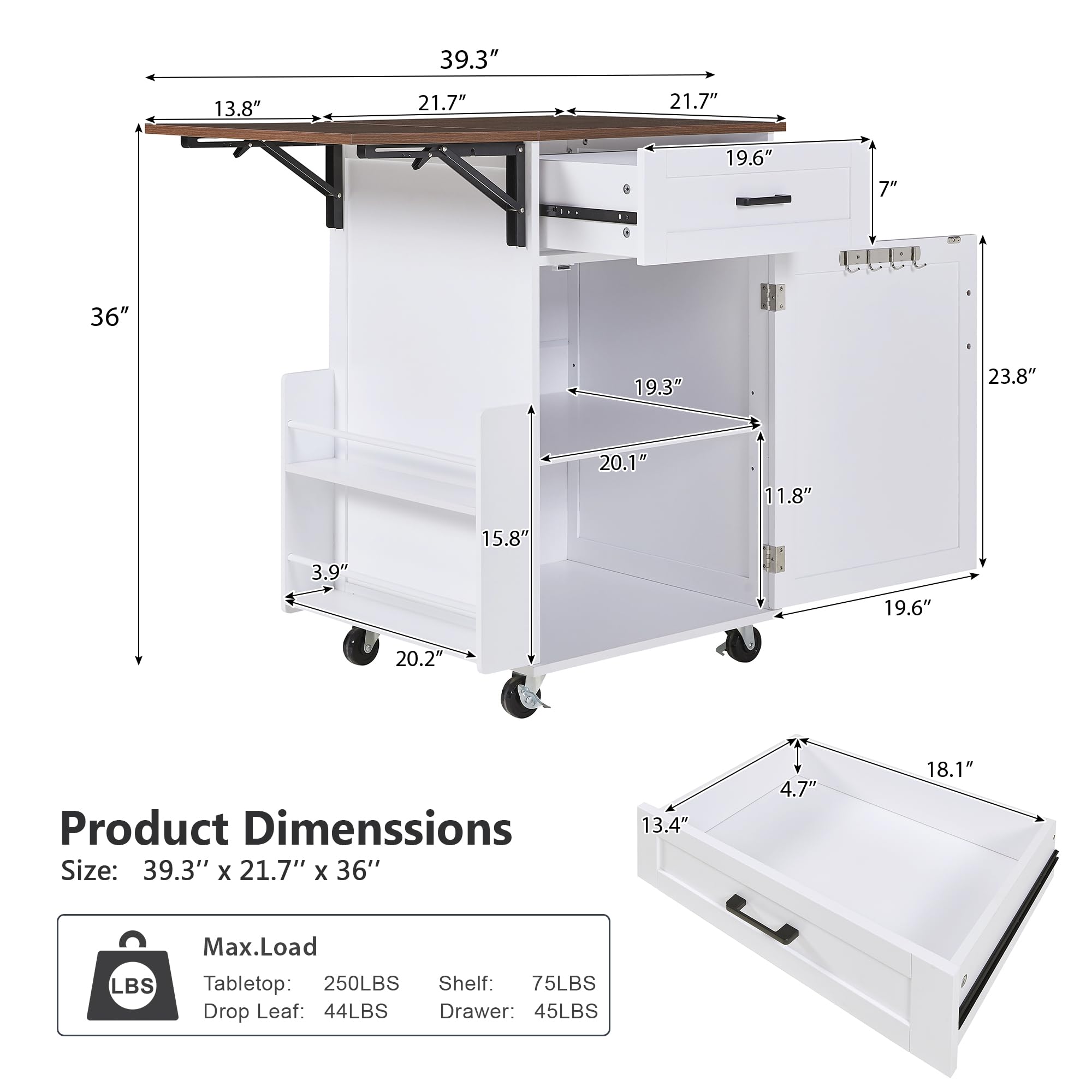 Seeheool K&K 39.3" Farmhouse Kitchen Island with Drop Leaf, Kitchen Storage Island with Open Side Rack, One Drawer, Towel Rack, Rolling Kitchen Cart with Lockable Wheels for Lawn Garden, White