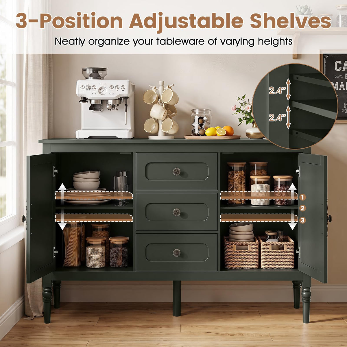 SILKYDRY Buffet Cabinet, 47" Vintage Sideboard w/Adjustable Shelves(Green)