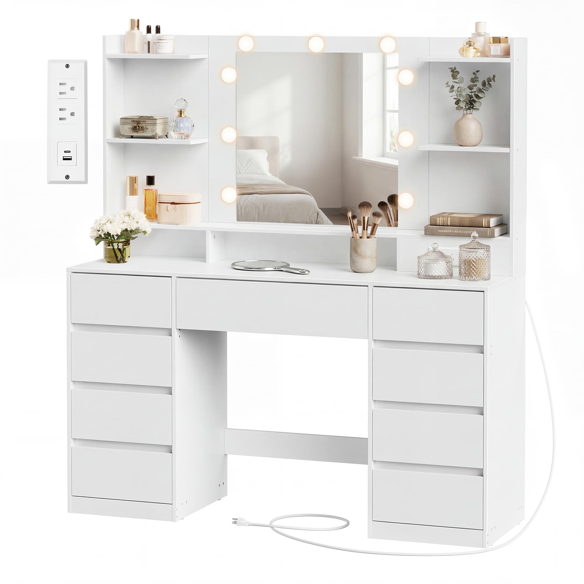 SONGMICS HOME Vanity Desk with Mirror and Lights, Makeup Vanity Table with Power Outlets, 9 Drawers Storage Dressing Table for Bedroom, White