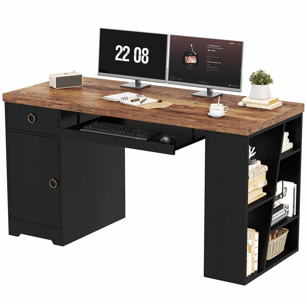 HSH Office Desk with Keyboard Tray in Home, Computer Desk with Storage 55"