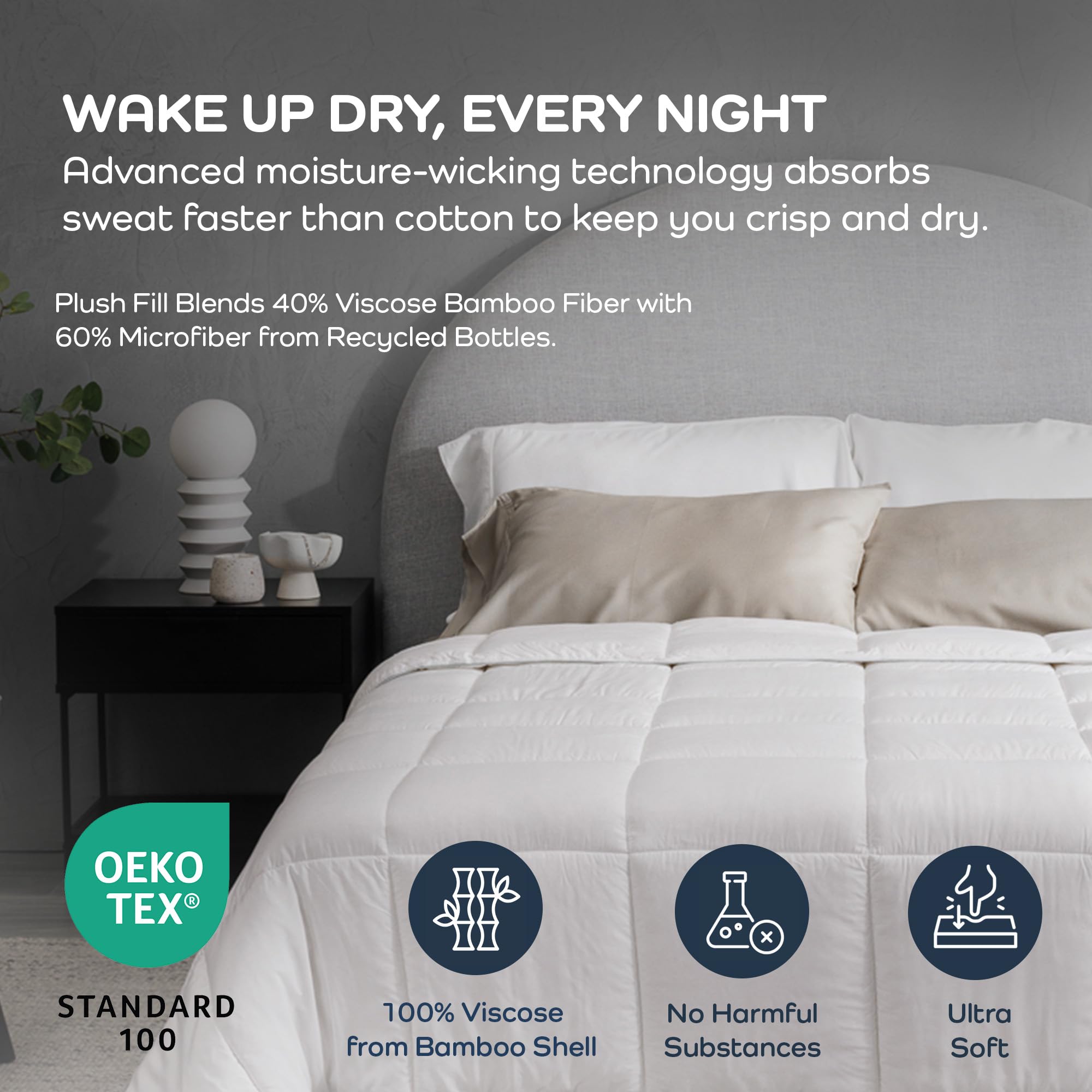 Olive + Crate Cooling Down Alternative Comforter - Hypoallergenic King Size Duvet Insert Lightweight - All Seasons Plush Design Bamboo Comforter - 100% Bamboo Viscose Outer Cover - White 102"x90"