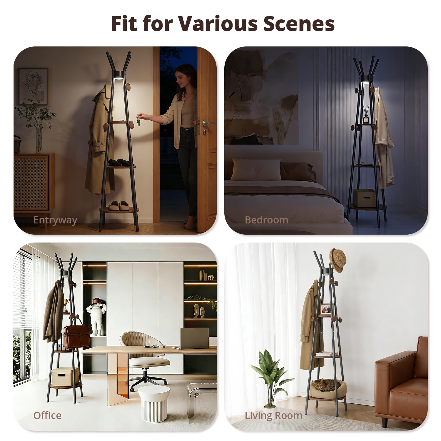 Freestanding Coat Rack with Motion Sensor Light, 3 Shelves & 12 Hooks