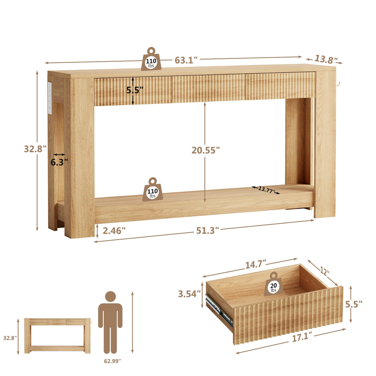 Cibert 63" Fluted Console Table with Drawers, Narrow Sofa Table