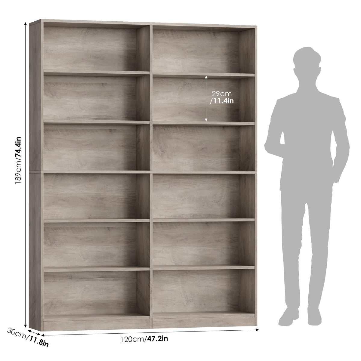 FACBOTALL Bookshelf Tall Bookcase, 6-Tier Double Wide Bookshelves,Wash Grey