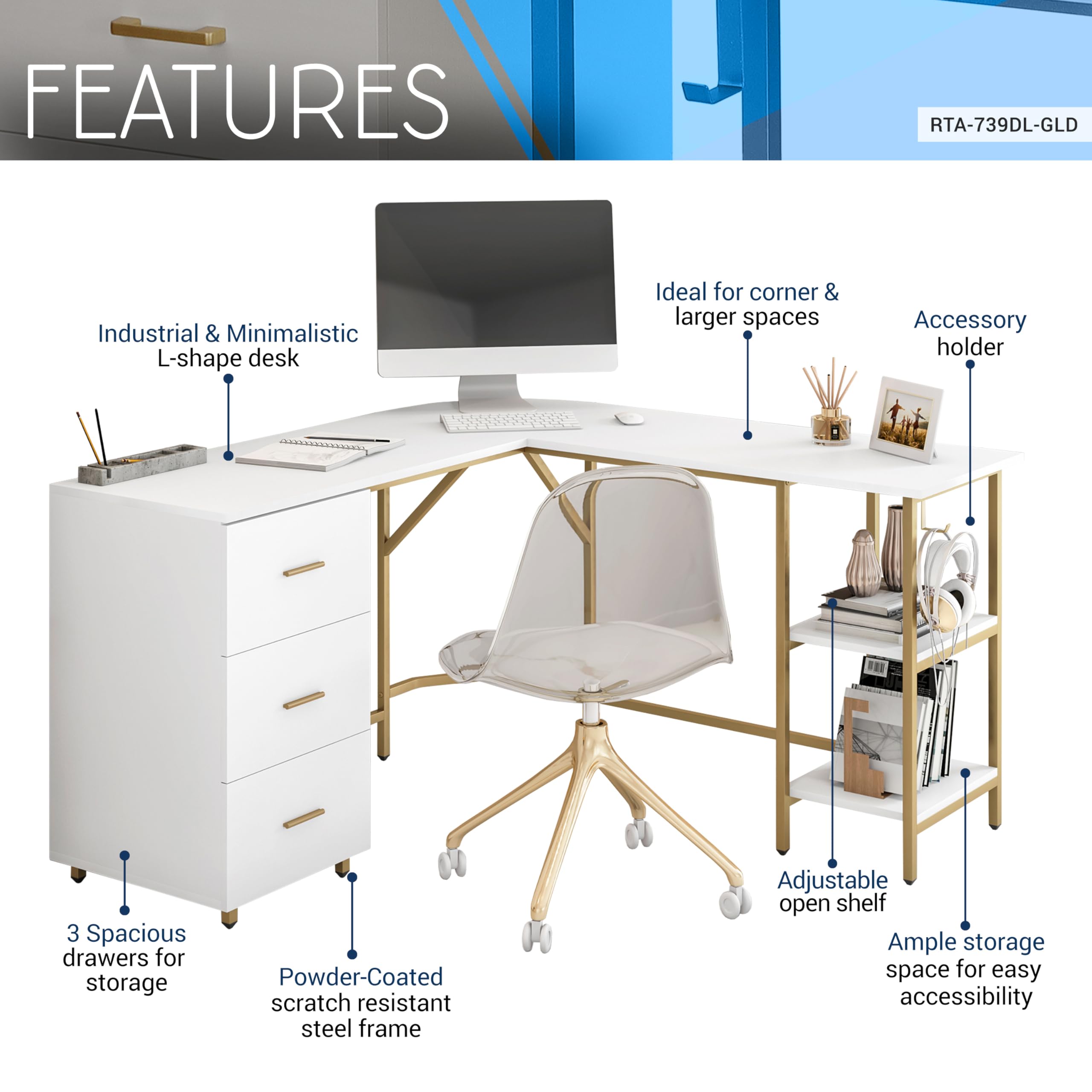 L-Shaped Computer Desk with Drawers & Storage Shelves