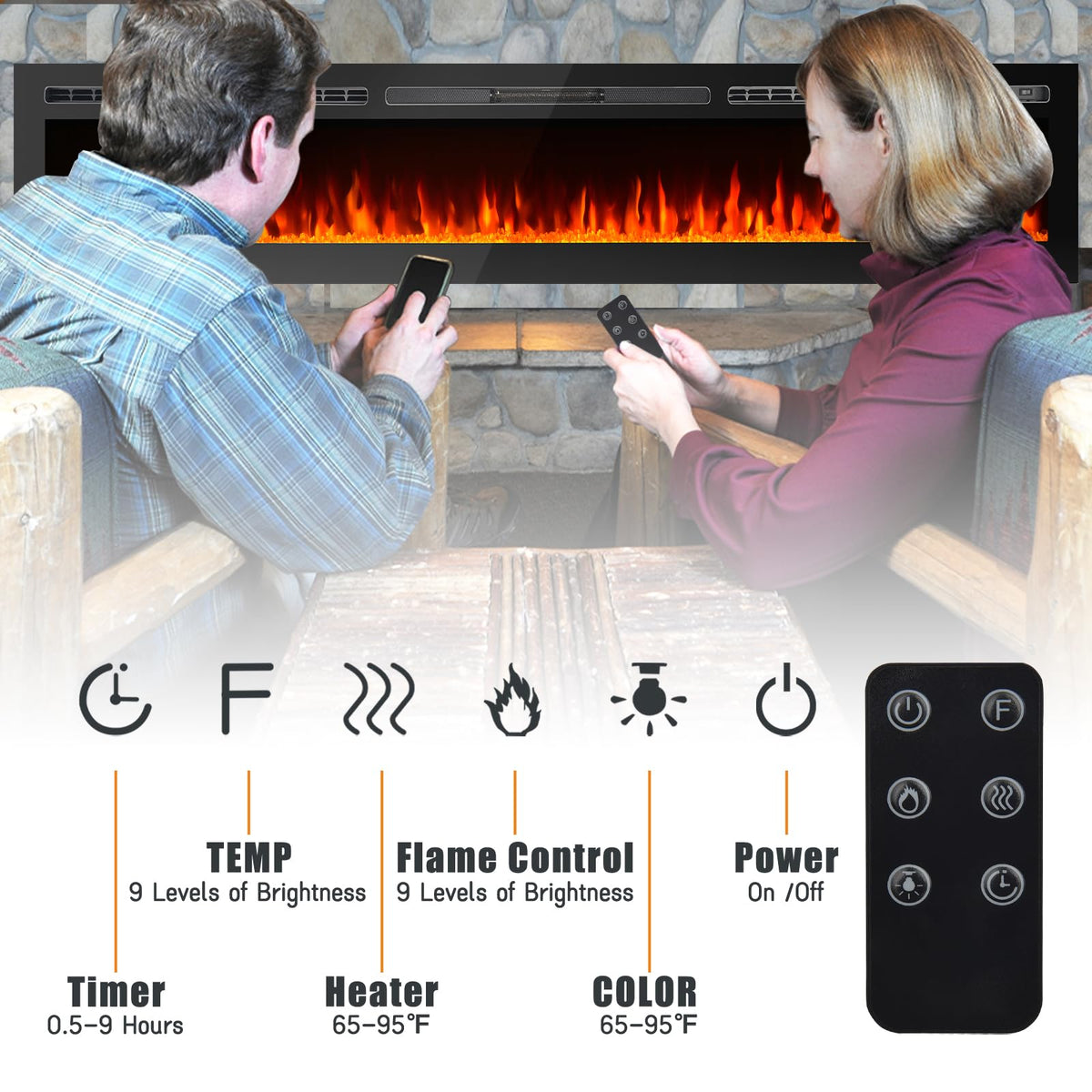CharaVector 100 inch 750W/1500W Electric Fireplace Inserts with Remote Control in Wall Mounted, Energy Saving LED Insert Fireplace Heater Indoor Glass View with Remote Control & Touch Screen, Black