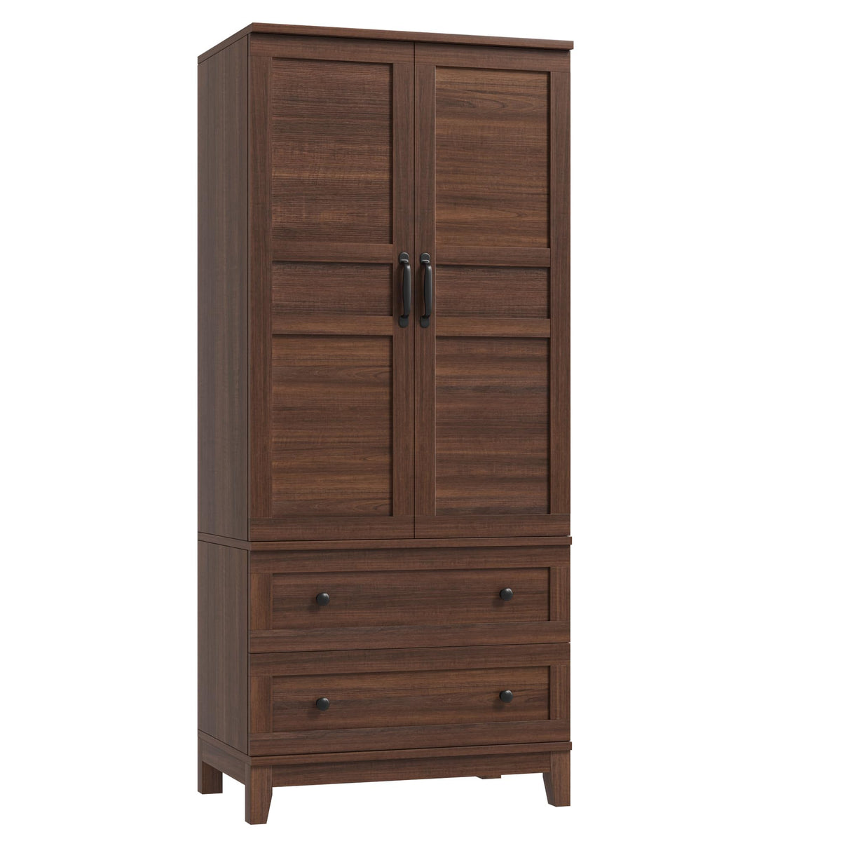 IDEALHOUSE 72" Armoire Wardrobe Closet with 2 Drawers, Heavy Duty Wooden Clothing Storage Cabinet with Hanging Rod and Adjustable Shelves, Large Bedroom Armoire with Doors, Walnut