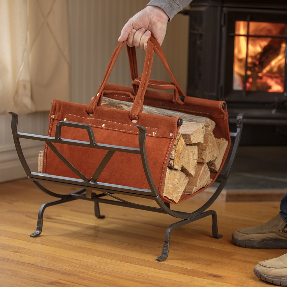 Steel Log Holder with Leather Carrier