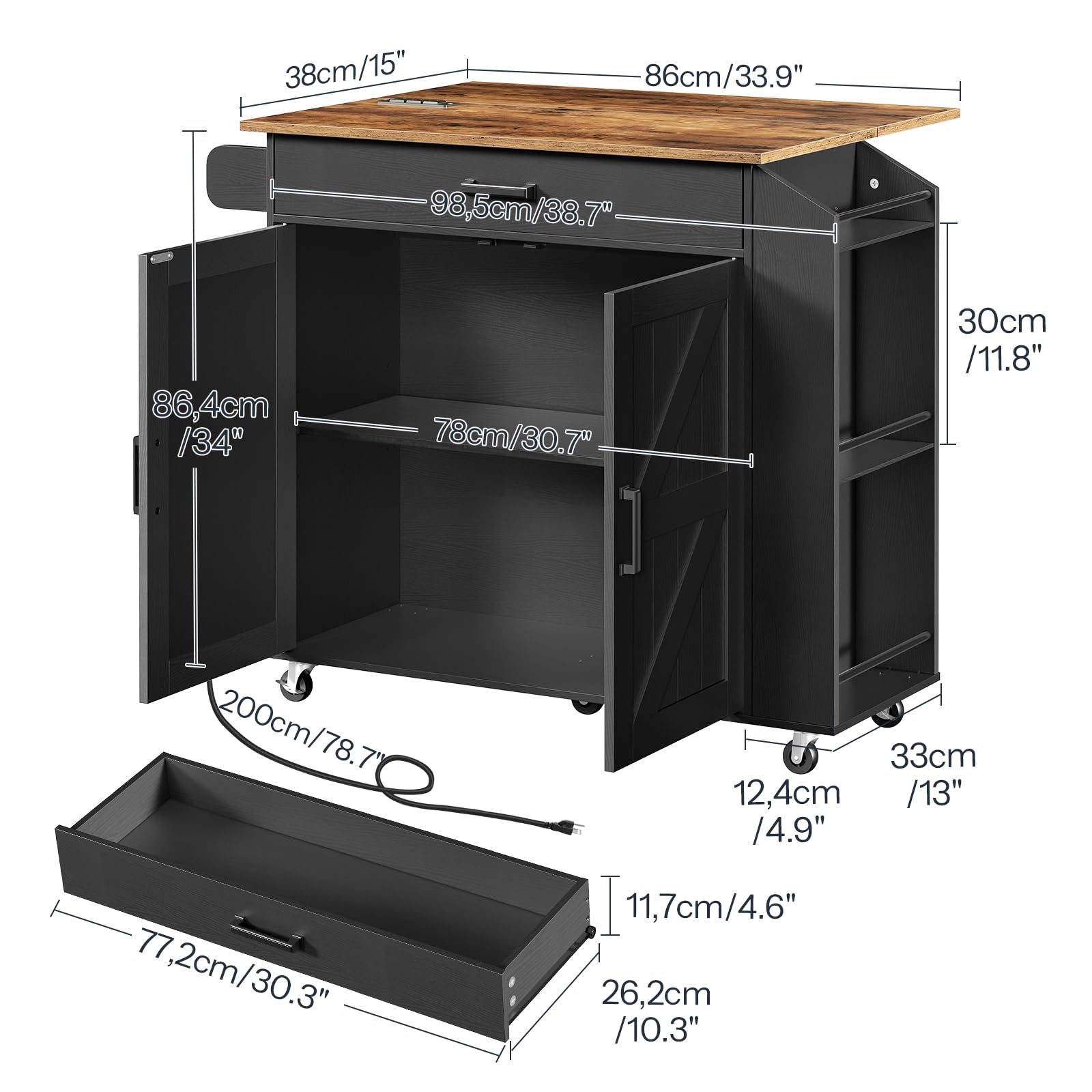 Rolling Kitchen Island with Drop Leaf & Power Outlet
