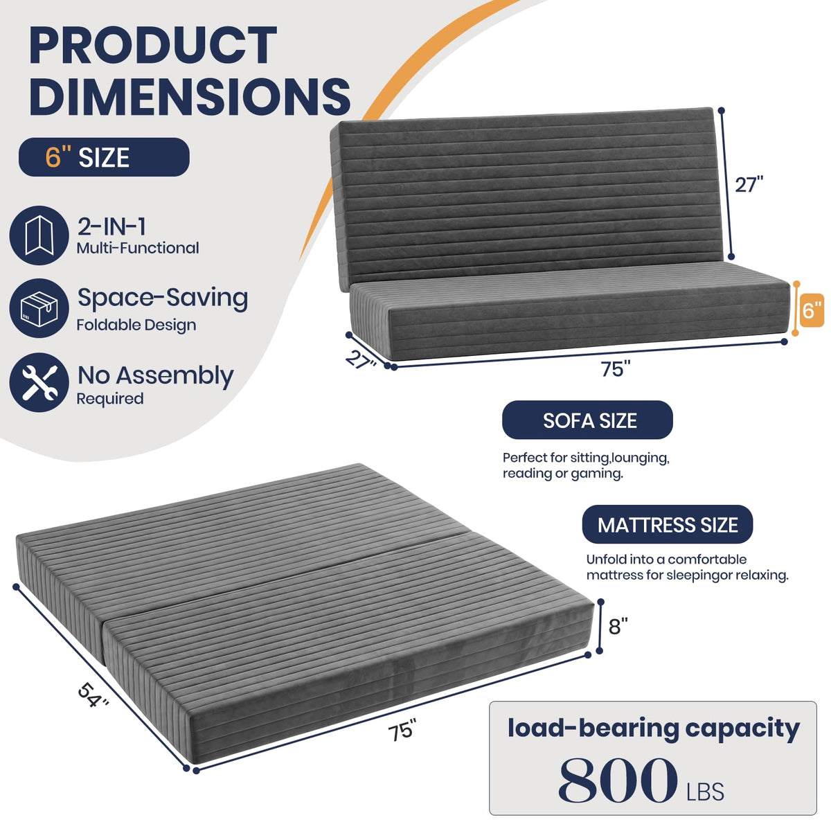 Sorrlla 6 Inch Futon Mattress Full Size, Foldable Futon Floor Sofa Bed with Soft Thick Quilted Cover- High Resilience Foam Filling for Home, Guest Room, Dorm, Grey (Frame Not Included)