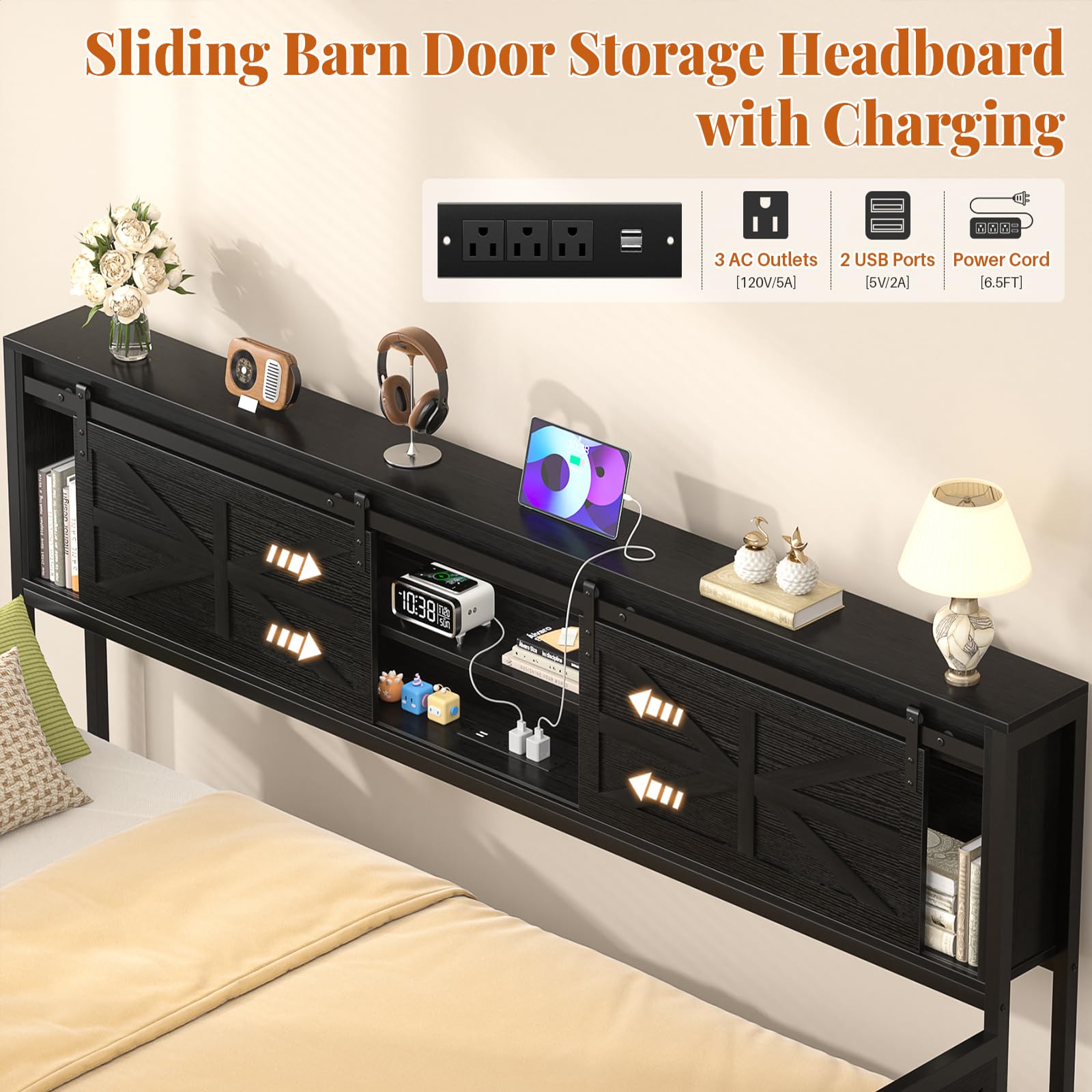 Homieasy Twin Daybed with Pop Up Trundle, Farmhouse Twin Bed with Bookcase Headboard and Charging Station, Black