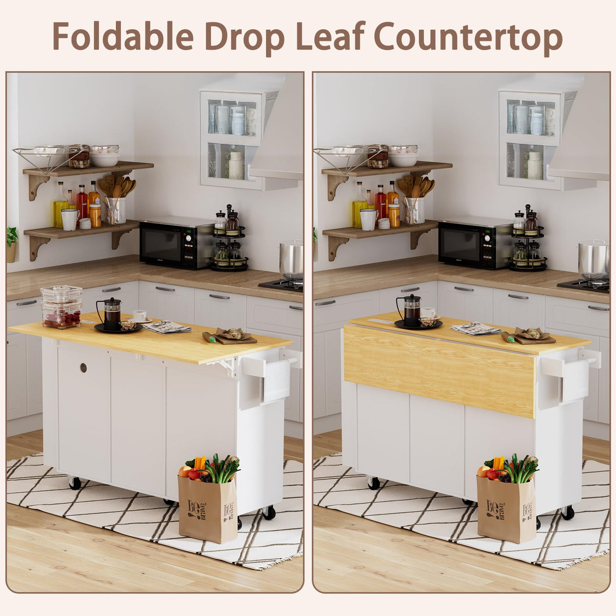OAKANDO 60" Kitchen Island cart with Storage，Kitchen Island with Folding Drop Leaf & Power Outlet-Rolling,Towel Rack, 2 Drawers-Island Table for Kitchen with Trash Storage Cabinet