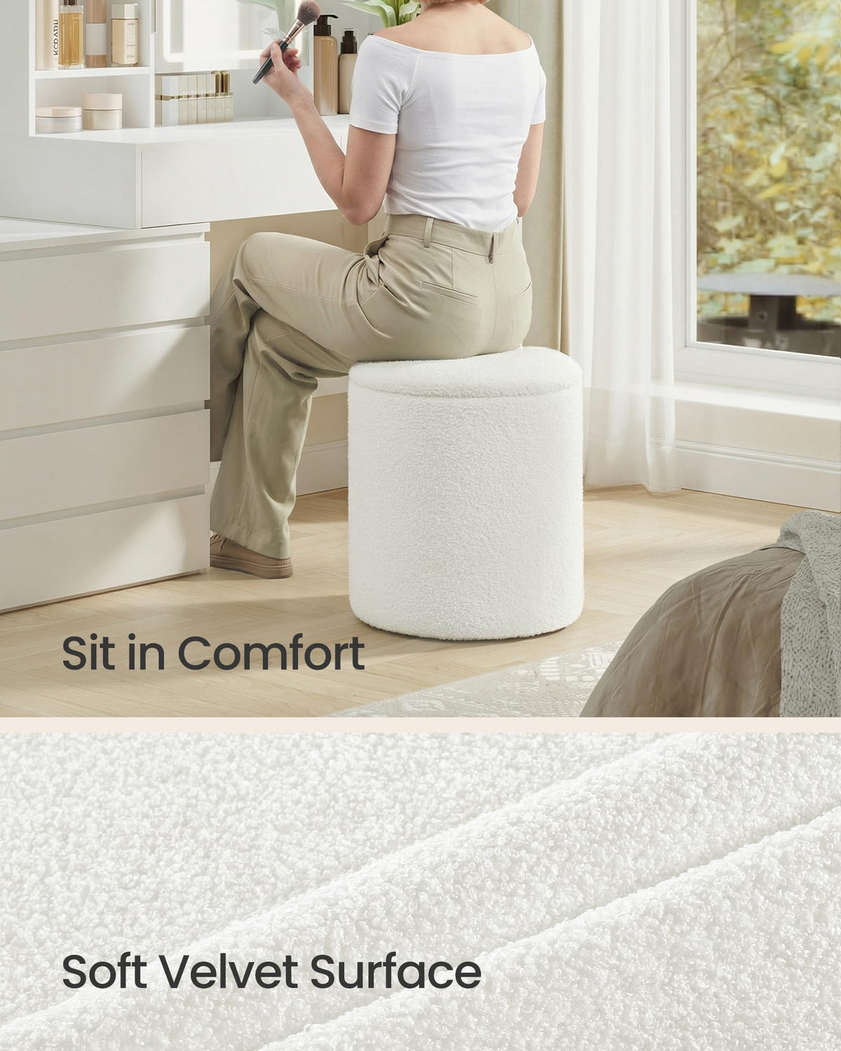SONGMICS Vanity Stool, Set of 2, Round Storage Ottoman, Teddy Fleece