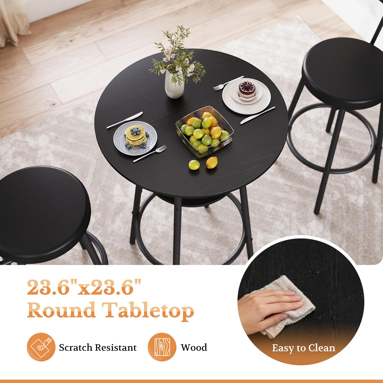 Round Bar Table & 2 Stools Set with Storage