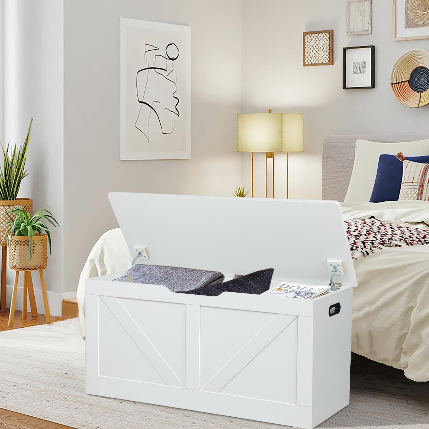 Timberer 39.4" Storage Chest, Wooden Storage Bench, Large Storage Trunk with 2 Safety Hinges, Entryway Shoes Bench for Living Room, Bedroom, White