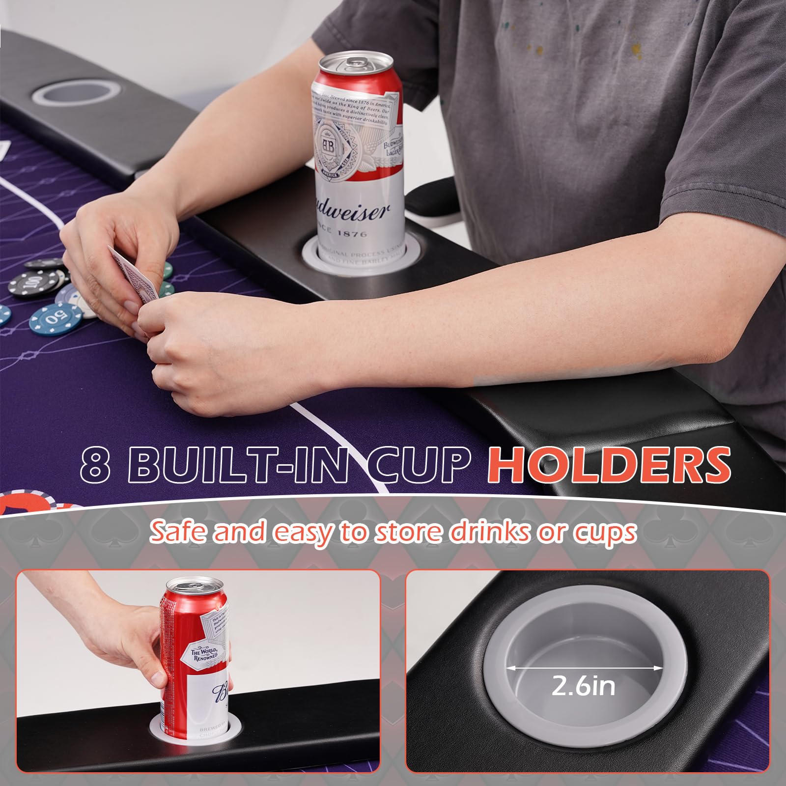 RAYKEEP 71" LED Poker Table - 8 Player Foldable Texas Hold'em Table with Built-in LED Lights, Padded Rails & 8 Cup Holders, Portable Casino Card Table for Home Game Room & Parties
