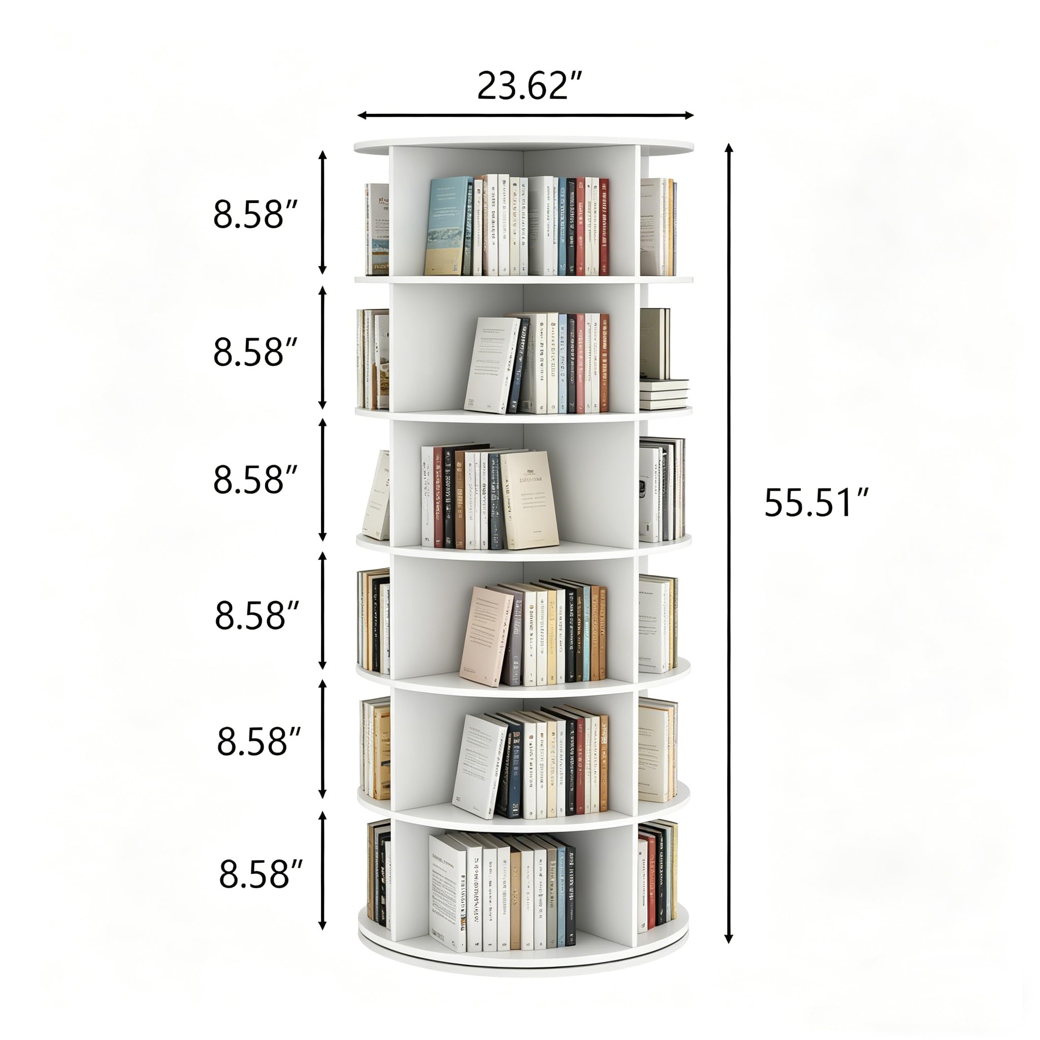 Gyfimoie Rotating Bookshelf Tower, 6-Tier Spining Corner Bookshelf 360°Revoving Bookcase Lazy Susan Storage Organizer for Kids Living Room (Pure White)