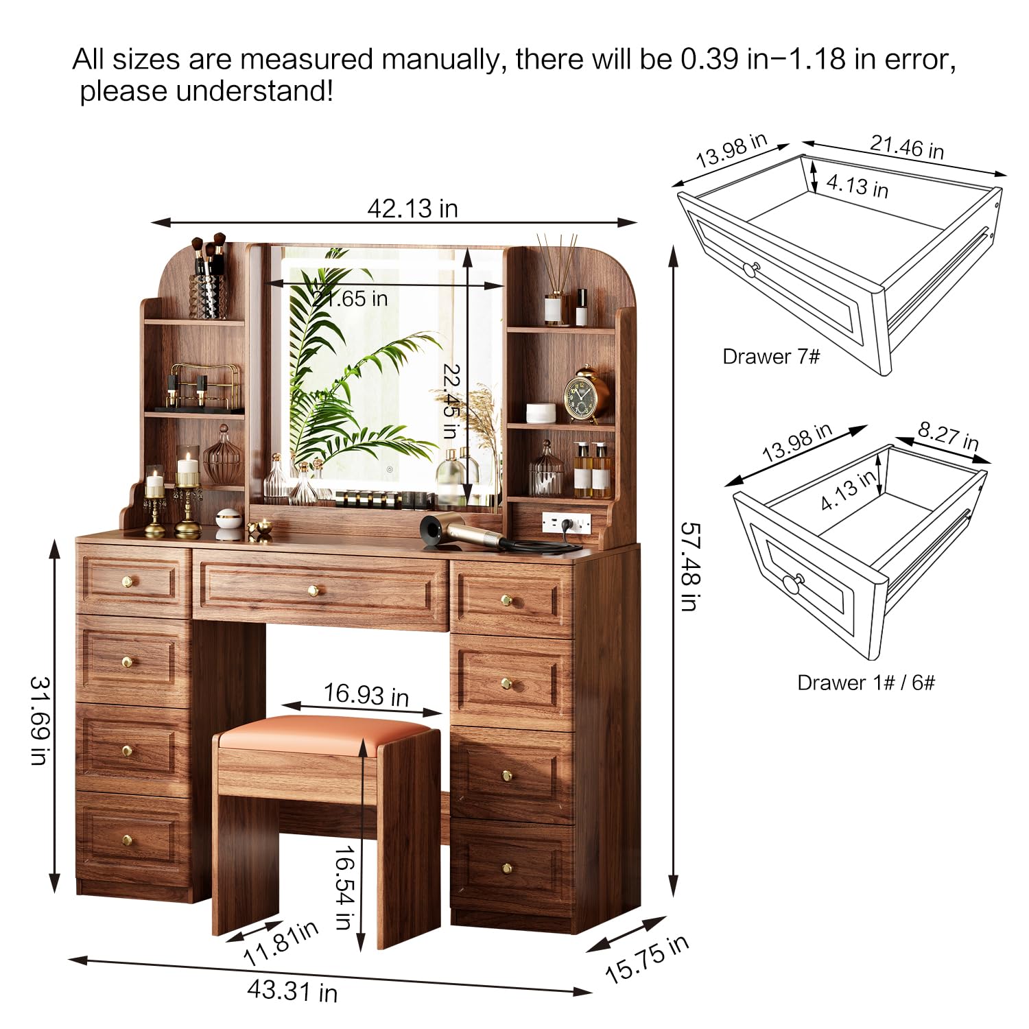 Arulvmrn 43" Makeup Vanity Desk with Mirror and Lights, & Power Outl, Glass Top Big Vanity Table with 9 Drawers& 8 Storage Shelves, Dressing Table Set with Chair for Bedroom, Brown