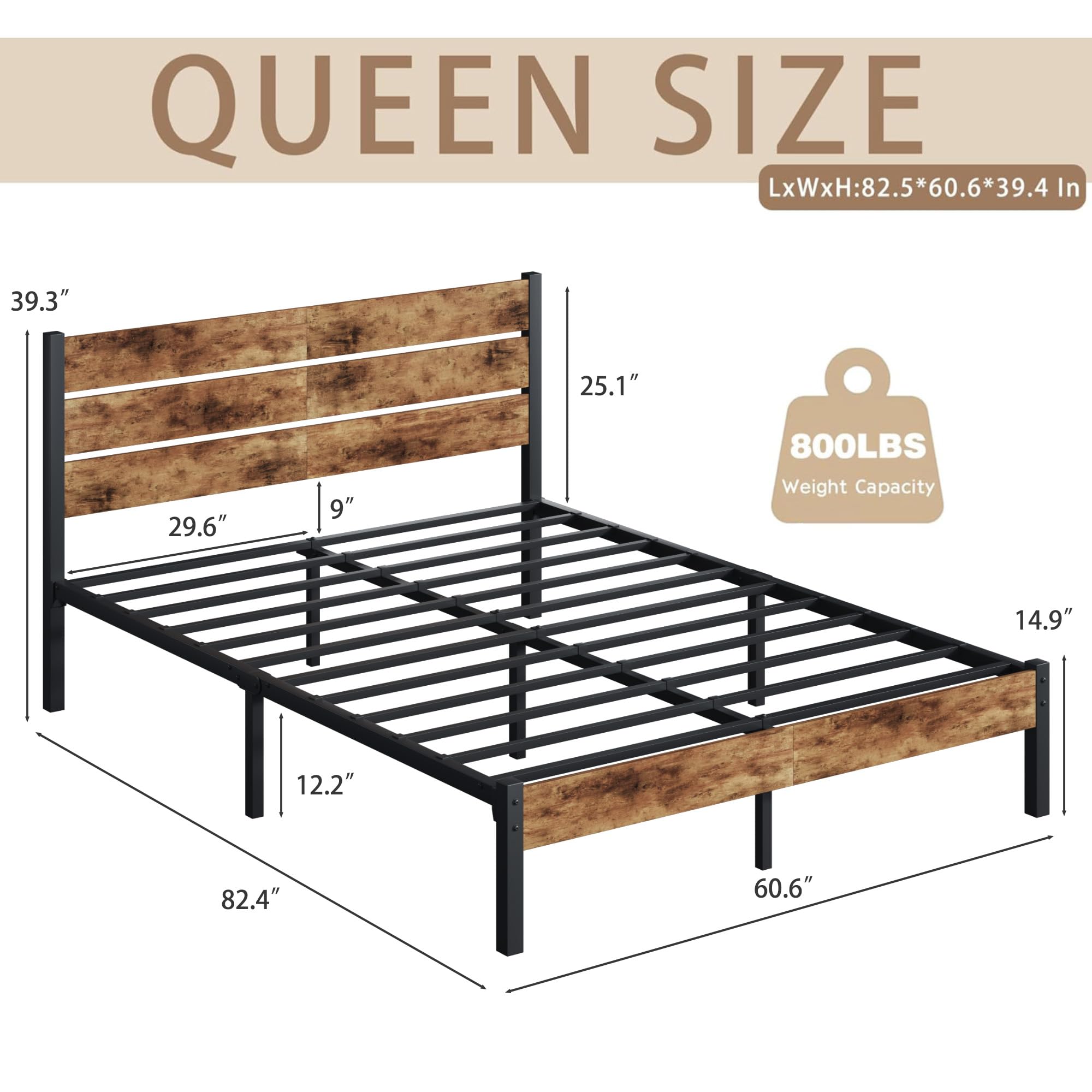 Queen Metal Bed Frame with Headboard & Footboard