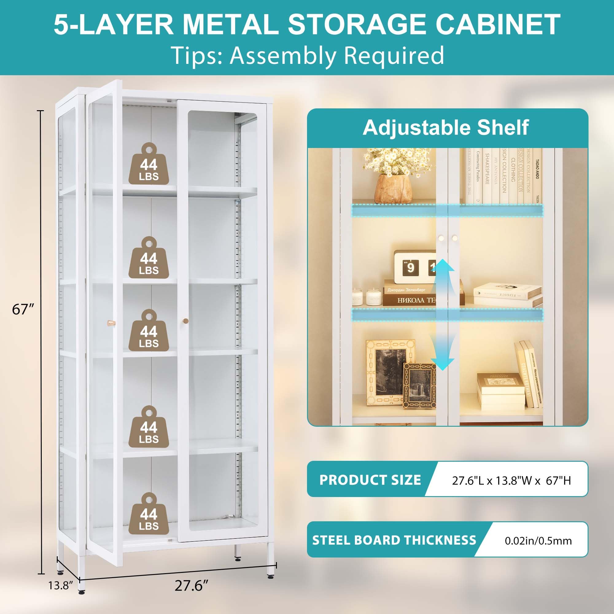 5-Tier Glass Display Cabinet with LED Lights
