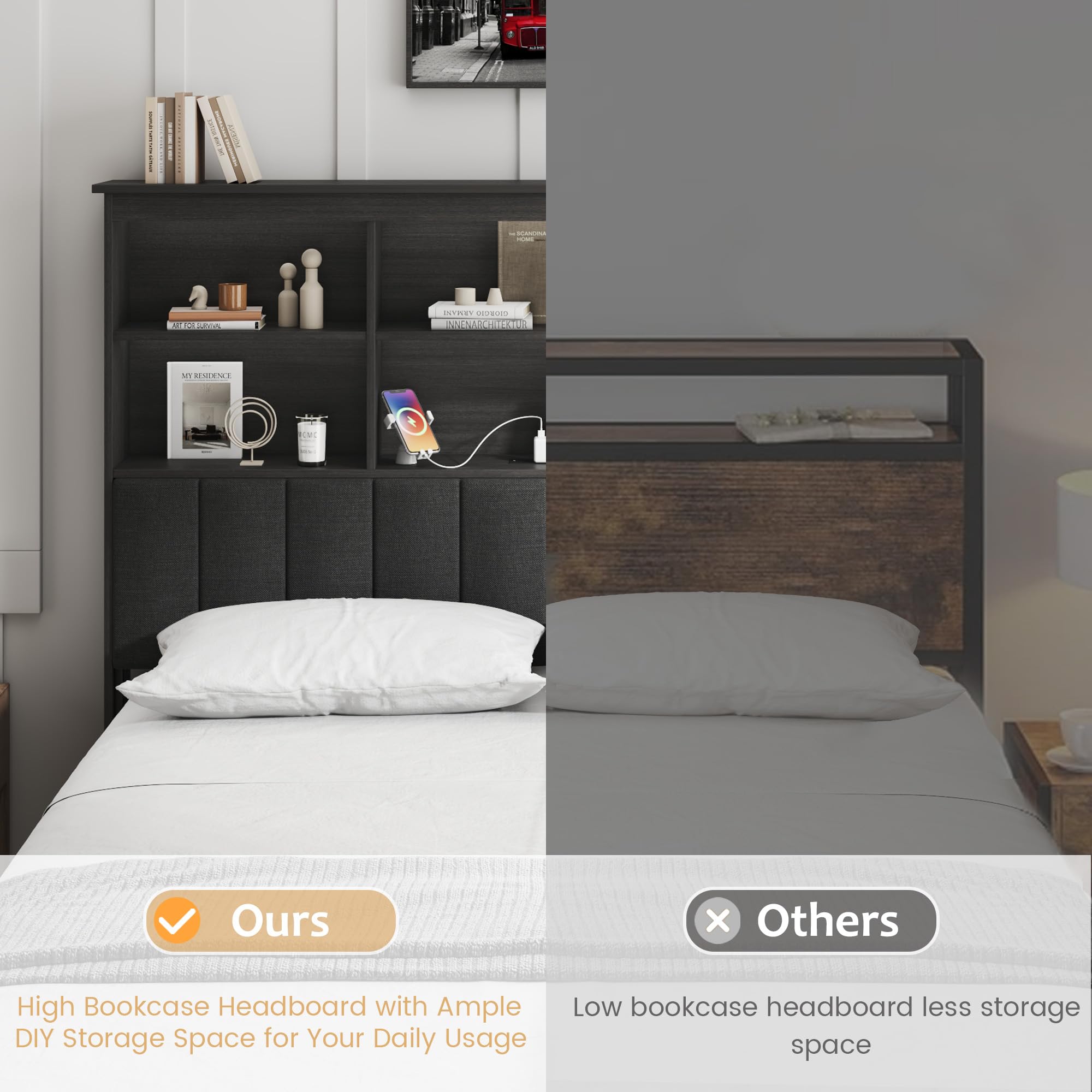 Rustic Bed Frame with Storage Headboard, Drawers & LED