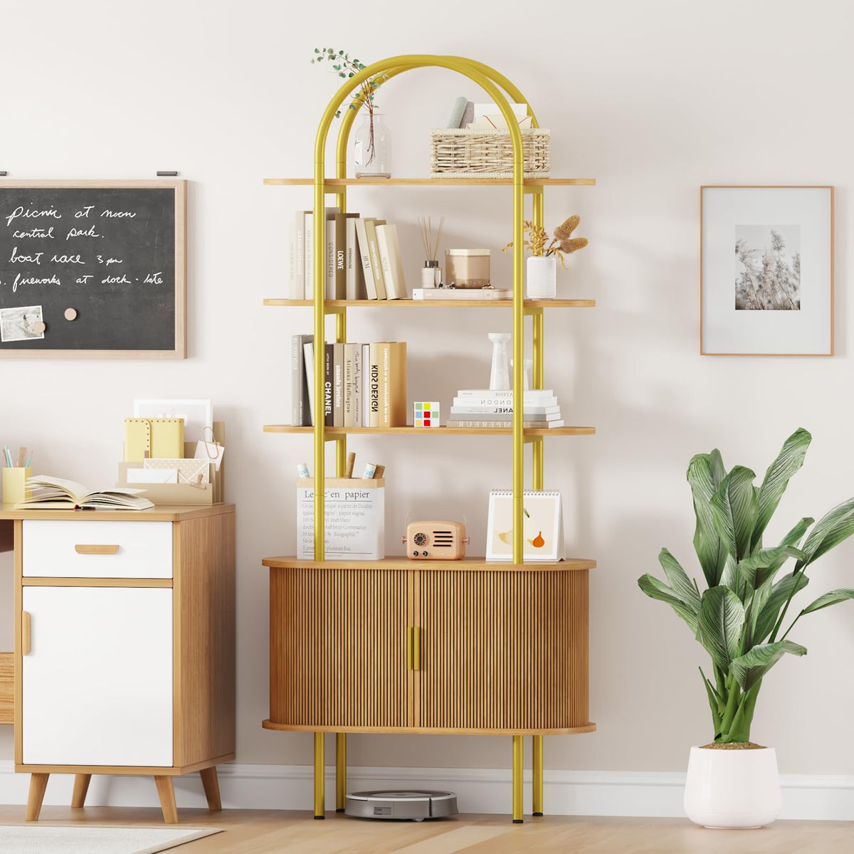 Arched Bookshelf with Tambour Cabinet