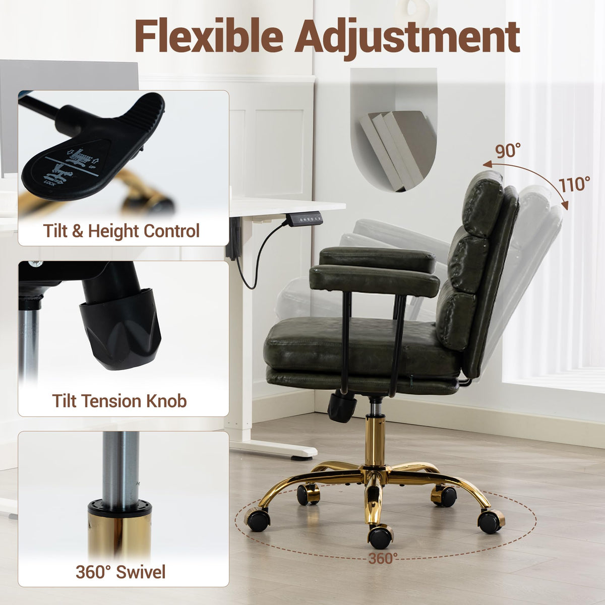 WiNVO Faux Leather Home Office Desk Chair, Ergonomic Executive Computer Chair with Gold Base, Padded Seat and Armrests, Adjustable Height Swivel Vanity Chair with Wheels, Green