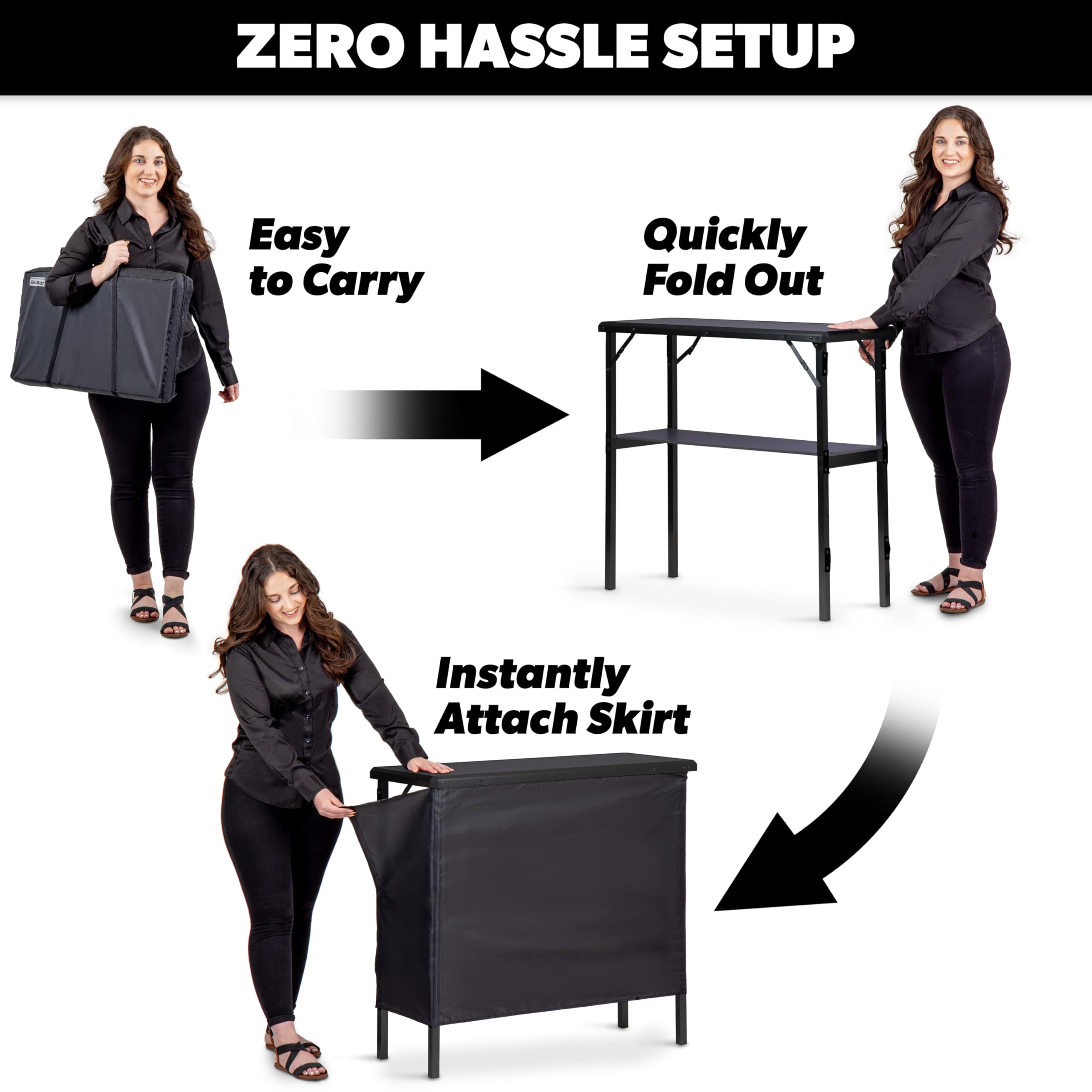 GoBar Portable Bar Table for Events - Pop Up Mobile Bartending Station with Travel Carrying Case - 3 Skirts