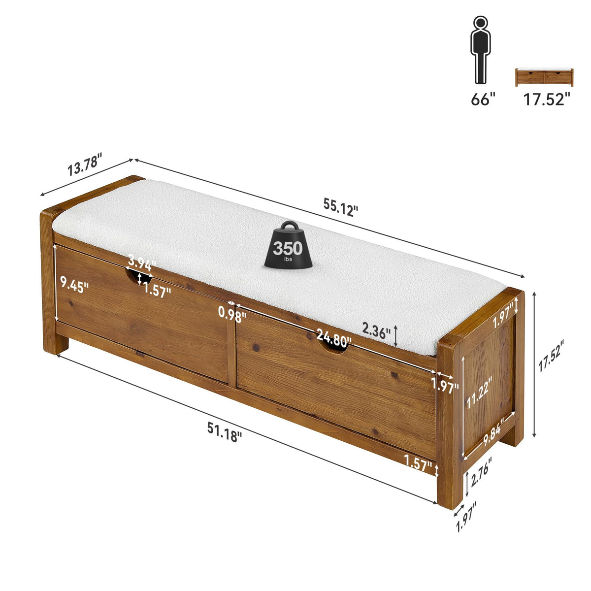 55" Wood Entryway Bench with 2 Storage Drawers, Upholstered Storage Bench