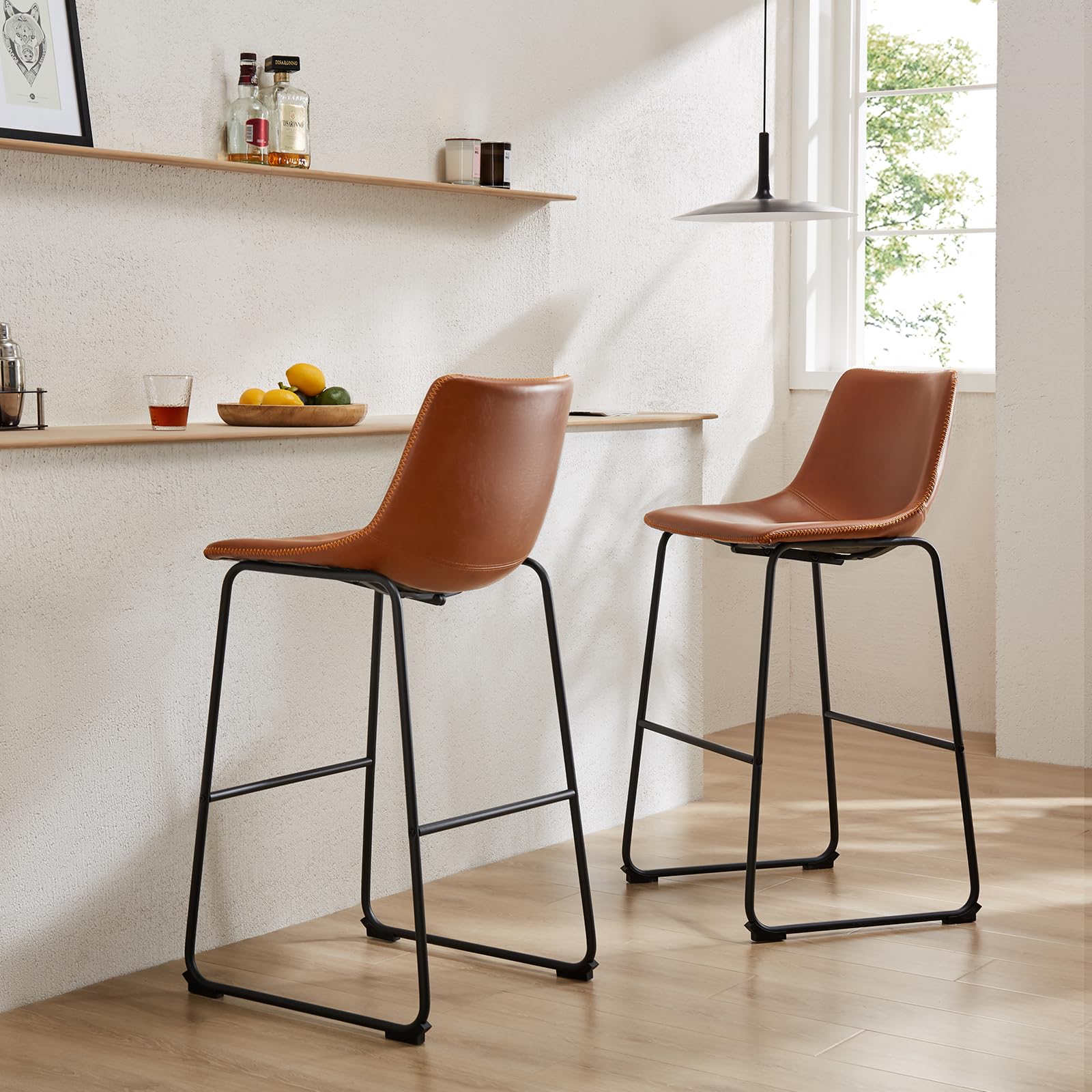 Counter Height Bar Stools Set of 2 – Brown Faux Leather, Metal Legs
