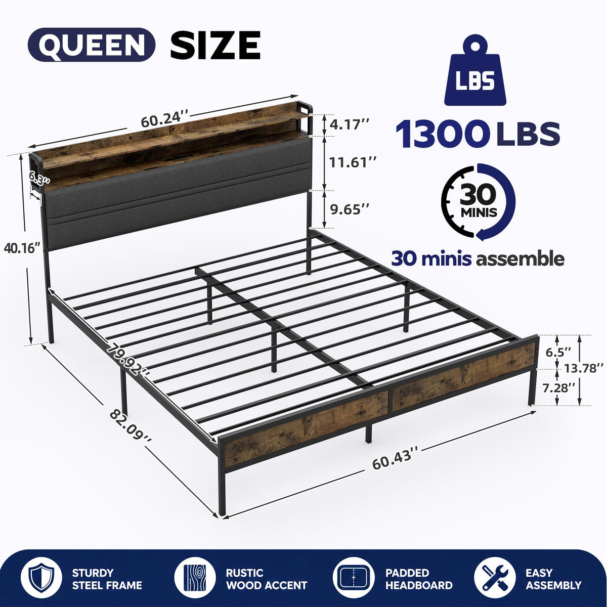 GRUSIGN Queen Size Bed Frame with LED Light Storage Headboard and Charging Station,Platform Bed with Grey Upholstered Headboard，No Box Spring Needed, Noise Free, Easy Assembly